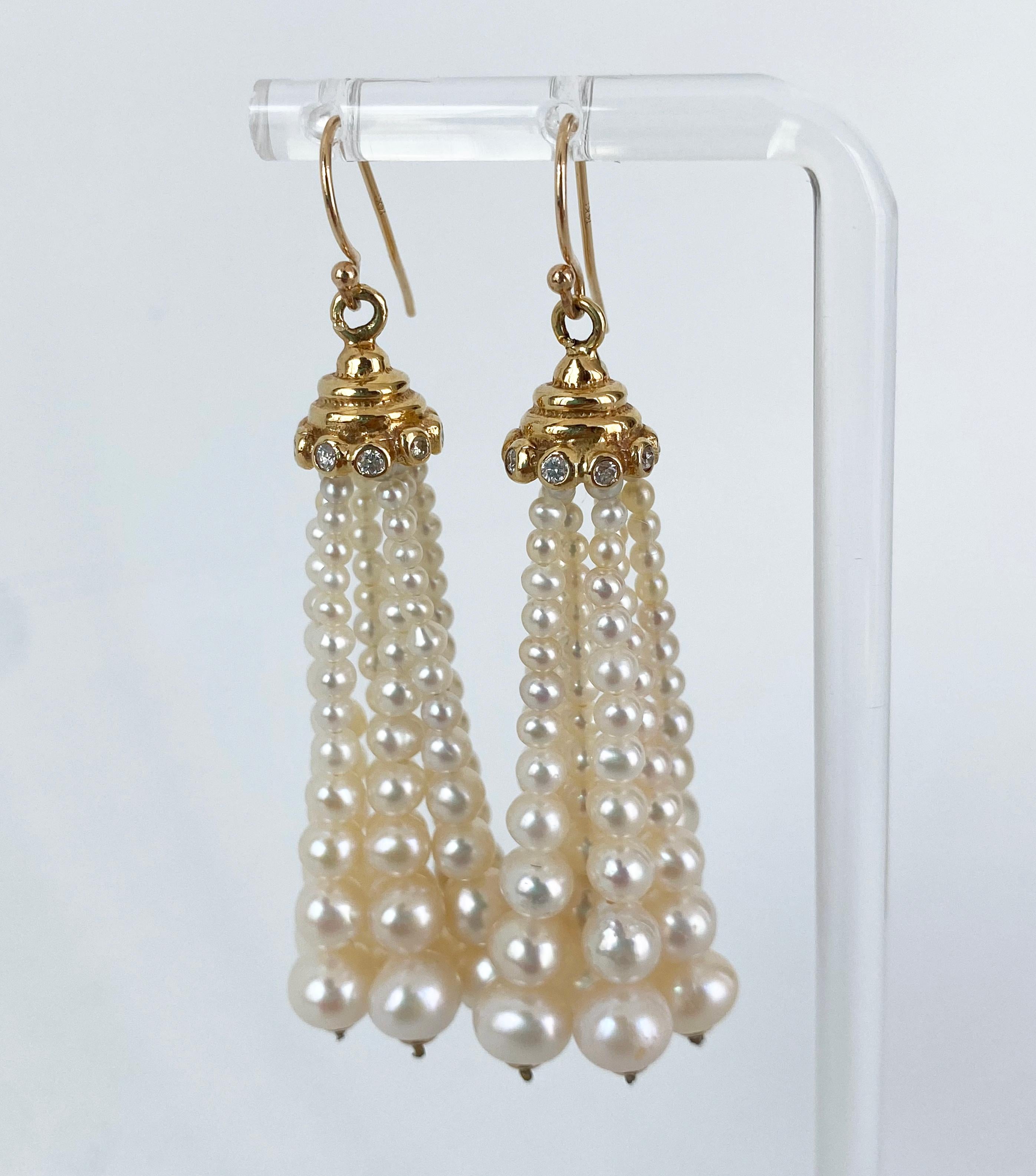 Marina J. Graduated Pearl Tassel Earrings with Diamonds & Solid 14k Yellow Gold For Sale 1