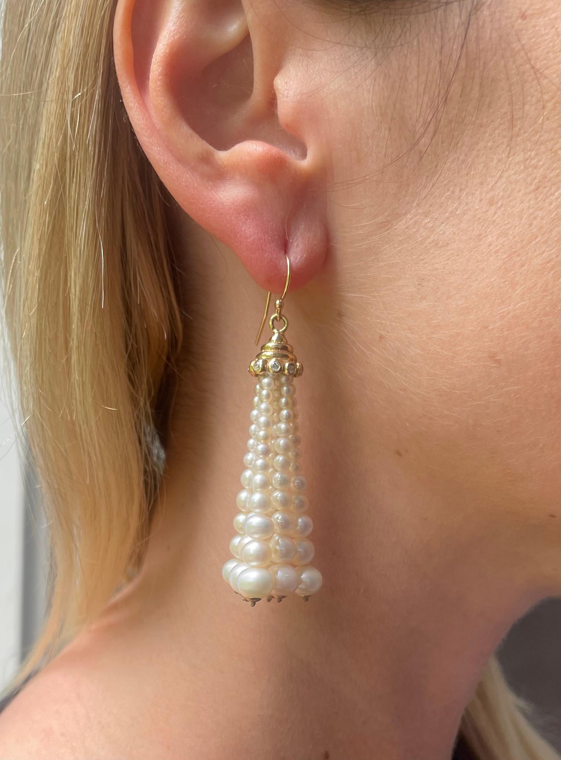 Marina J. Graduated Pearl Tassel Earrings with Diamonds & Solid 14k Yellow Gold For Sale 2