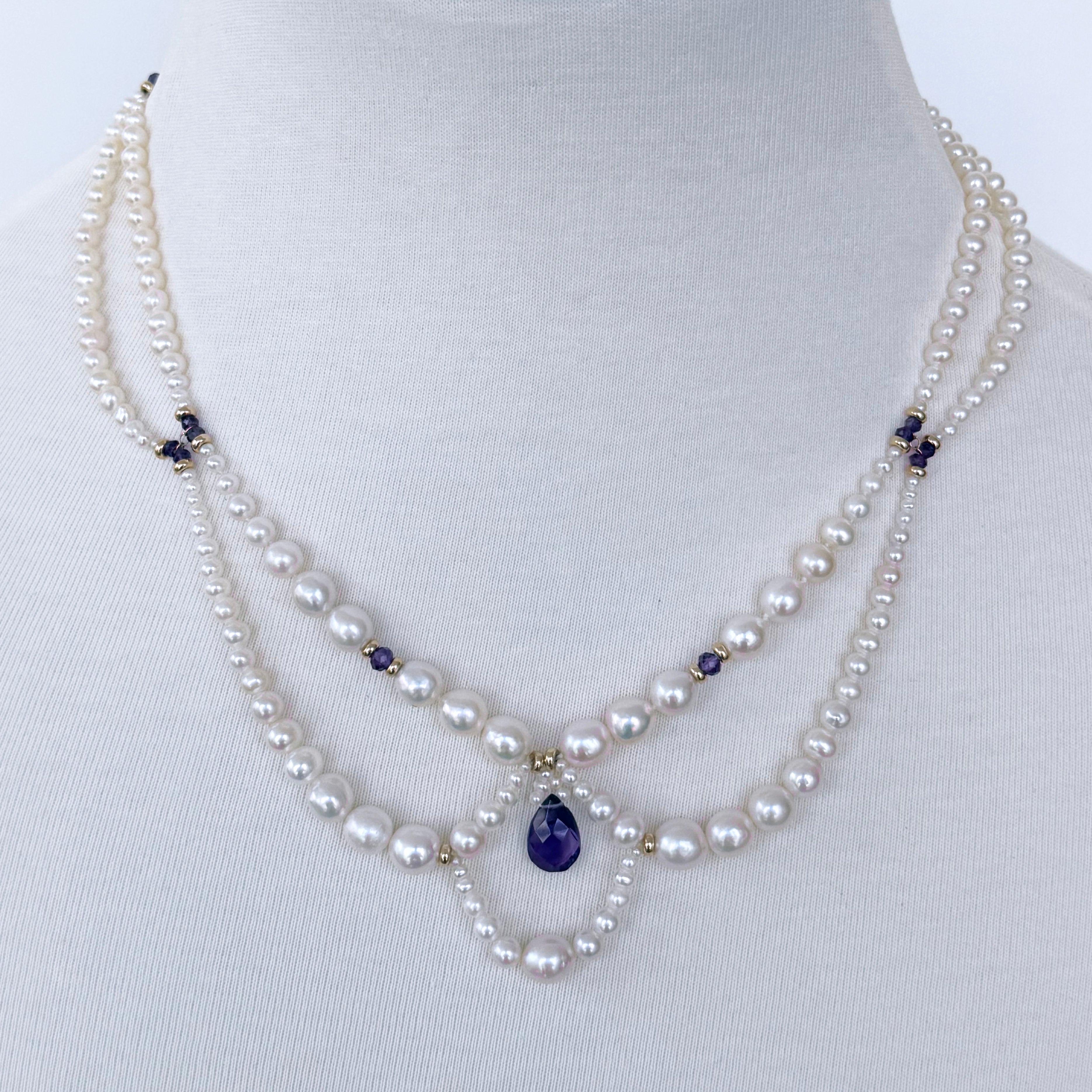 Marina J. Collana di perle con ametista e oro giallo massiccio 14 carati