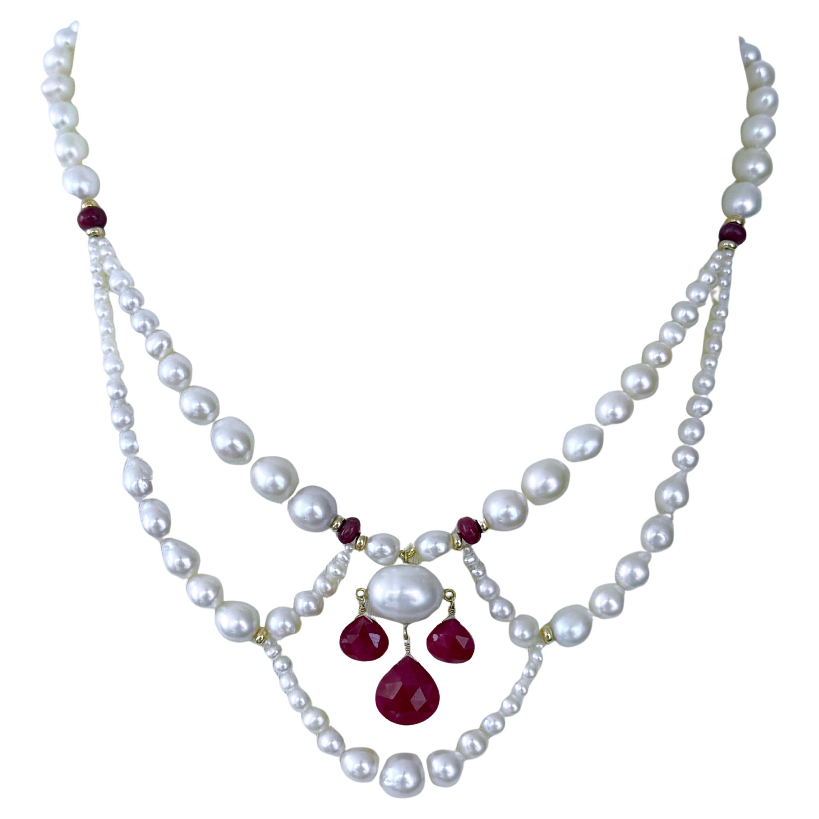 Artigiano Marina J. Collana con perle e lampadario in rubino con oro massiccio 14k in vendita