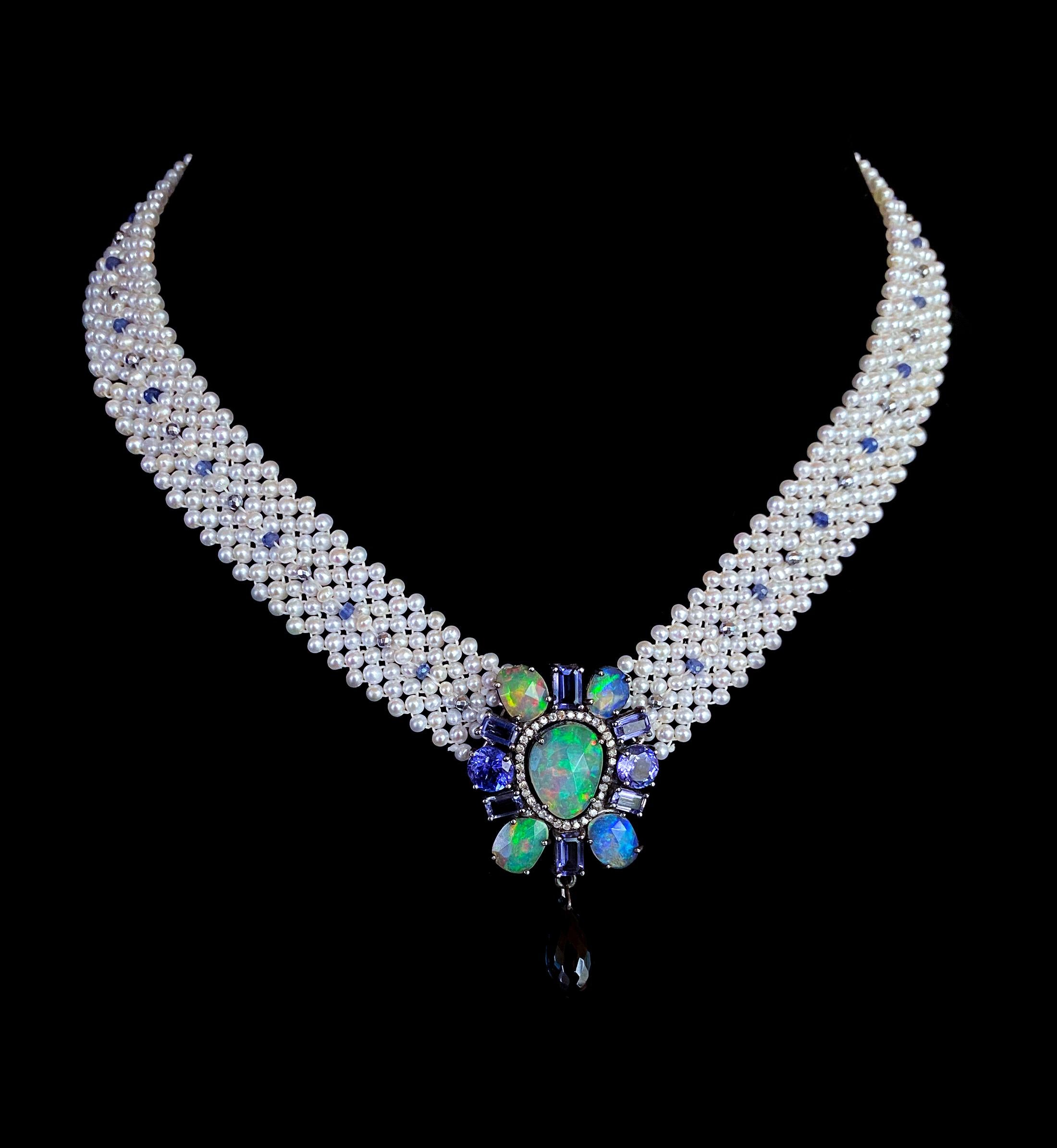 Artisan Marina J. Pearl Lace Necklace with Fire Opal, Tanzanite & Diamond Centerpiece