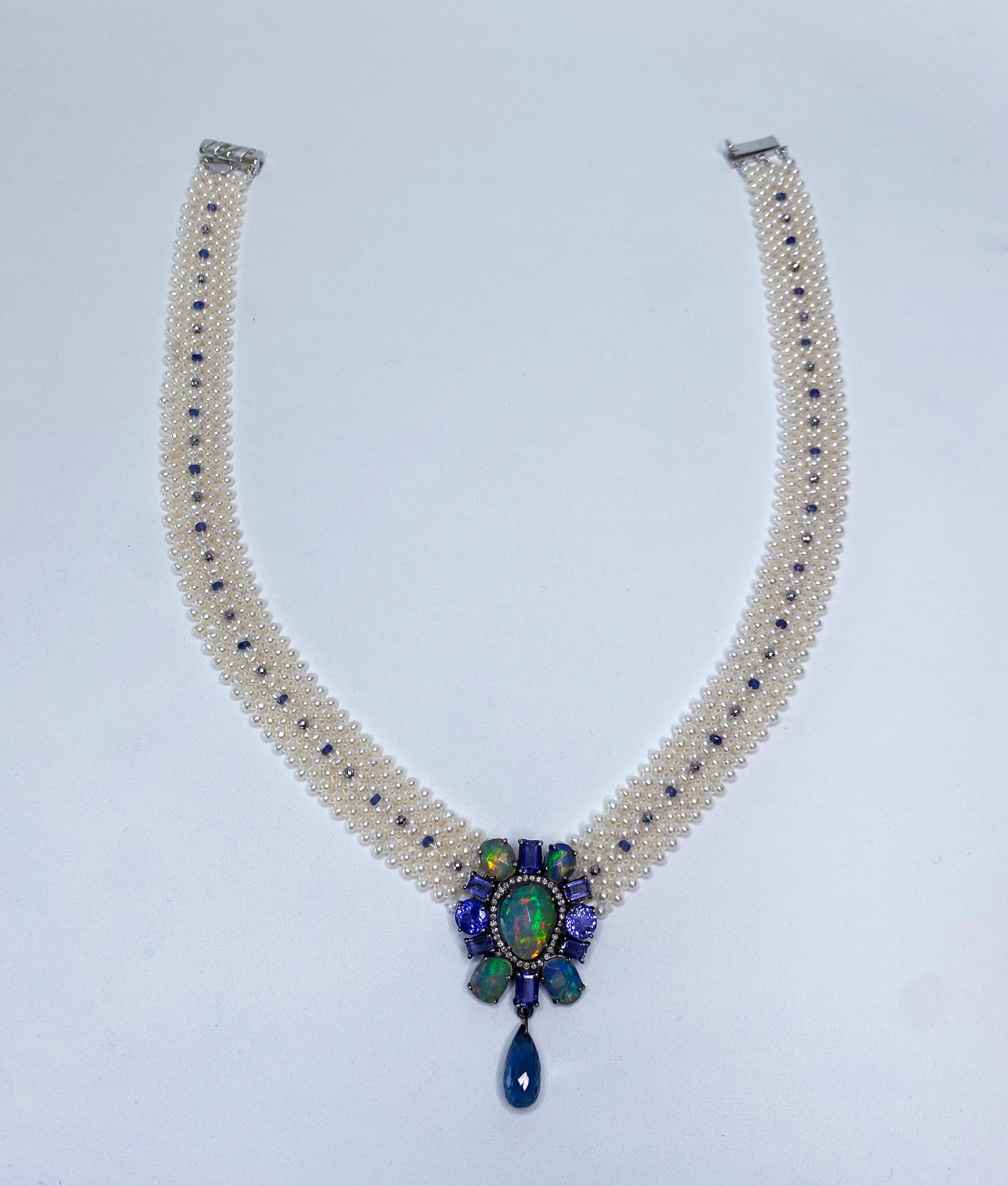 Marina J. Pearl Lace Necklace with Fire Opal, Tanzanite & Diamond Centerpiece In New Condition In Los Angeles, CA