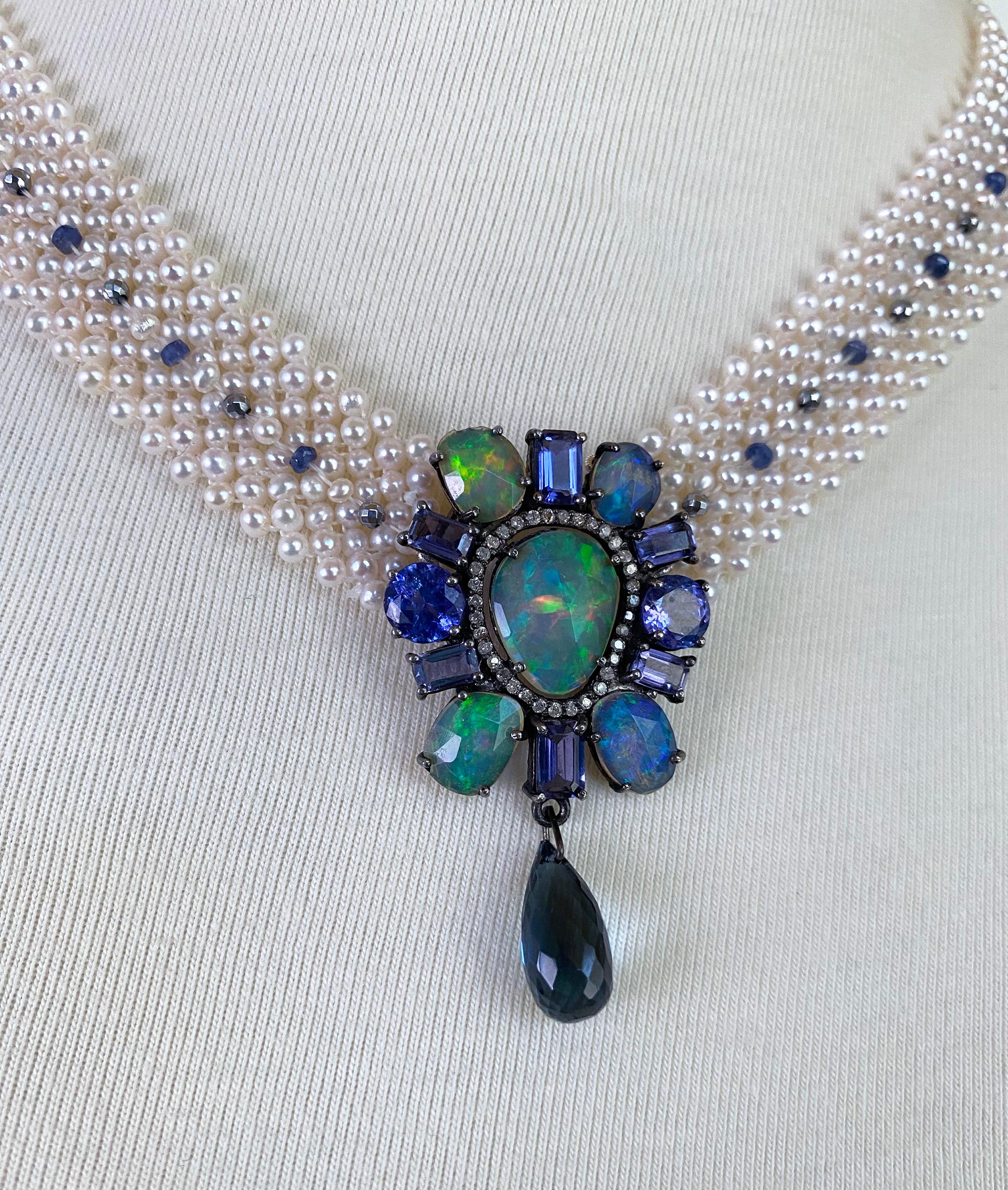 Marina J. Pearl Lace Necklace with Fire Opal, Tanzanite & Diamond Centerpiece 1