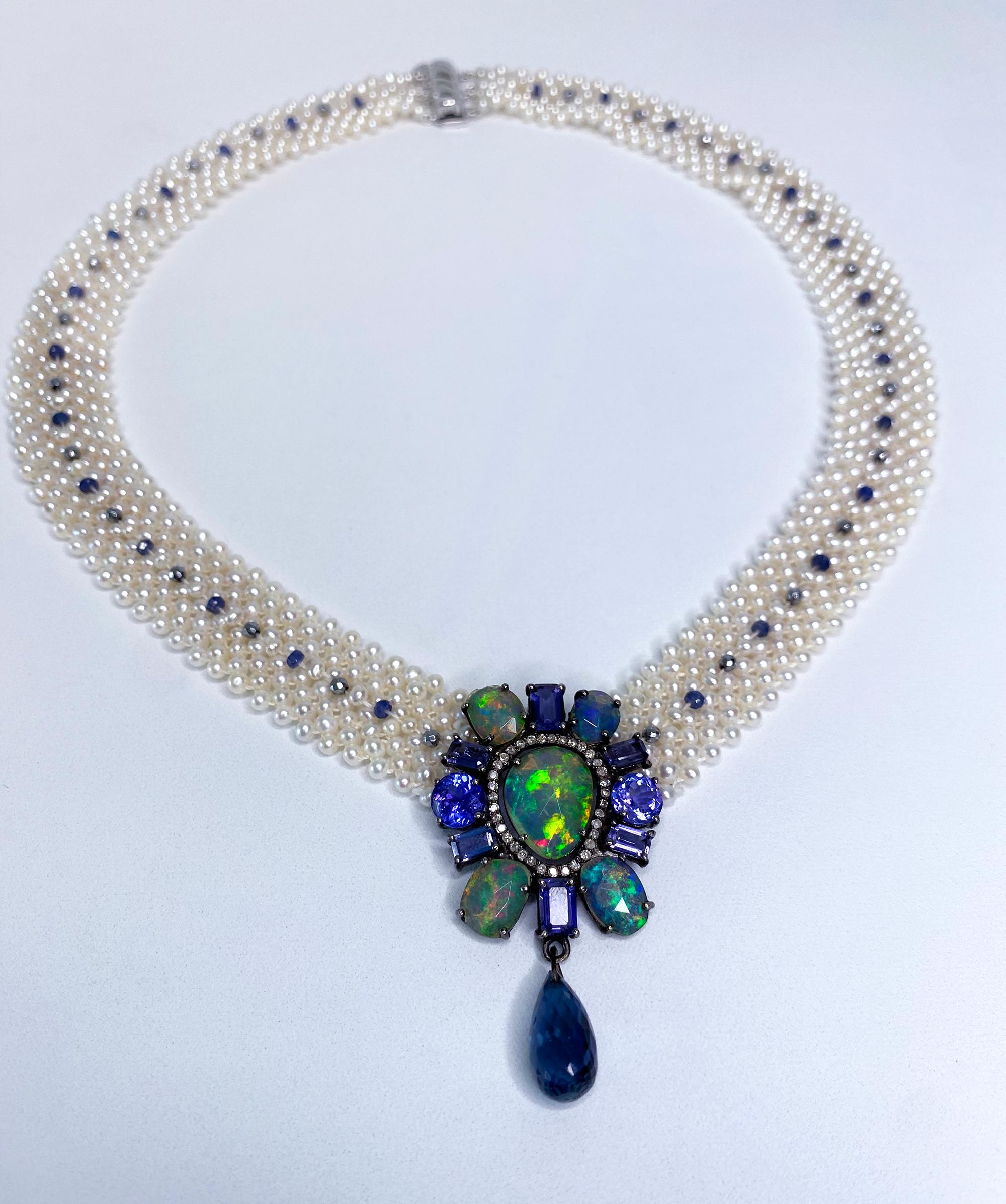 Marina J. Pearl Lace Necklace with Fire Opal, Tanzanite & Diamond Centerpiece 2