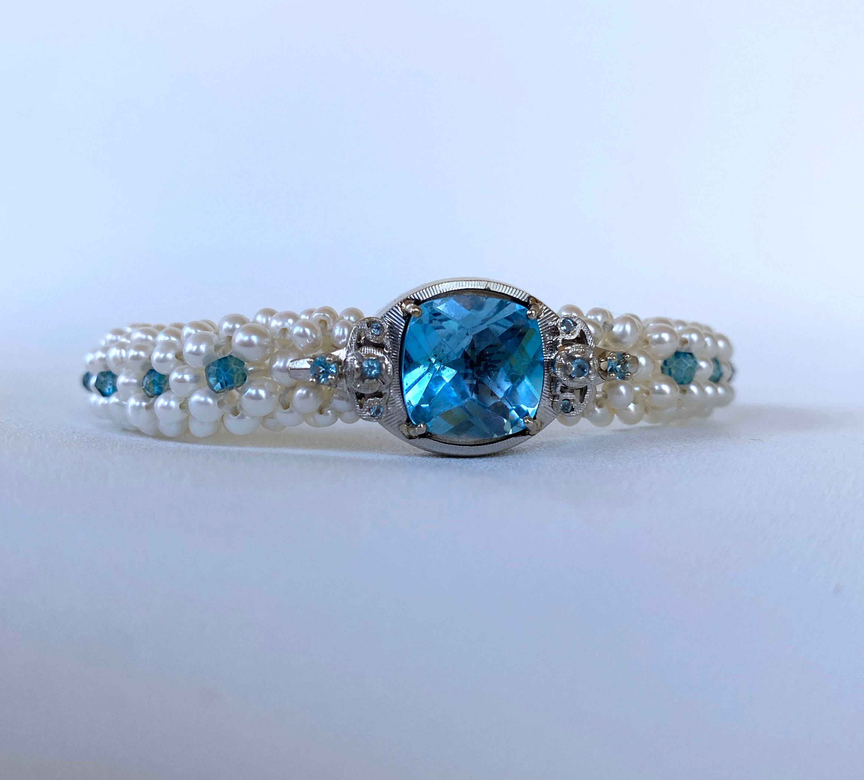 Marina J. Pearl & London Blue Topaz Bracelet with 14k White Gold In New Condition In Los Angeles, CA