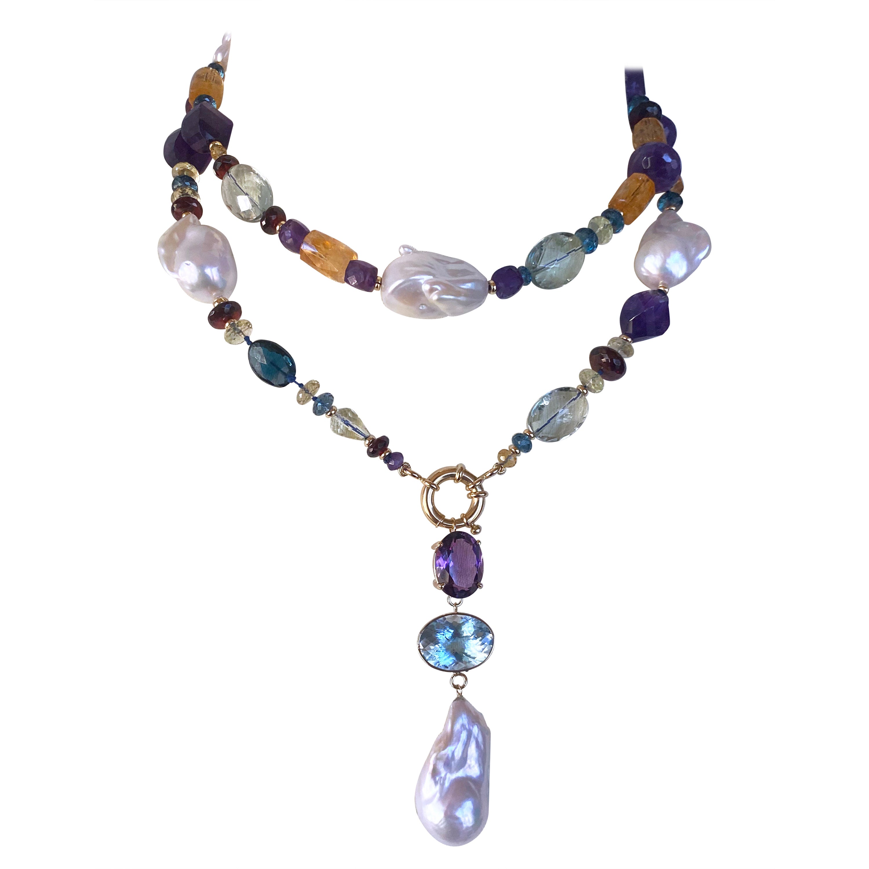 Marina J Pearl 
Multi-color Semiprecious Gems  Sautoir  
14k Yellow Gold clasp