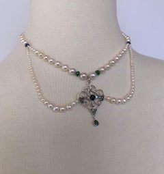 Marina J Pearl Necklace with Emerald, Sapphire & Diamonds, Vintage Centerpiece