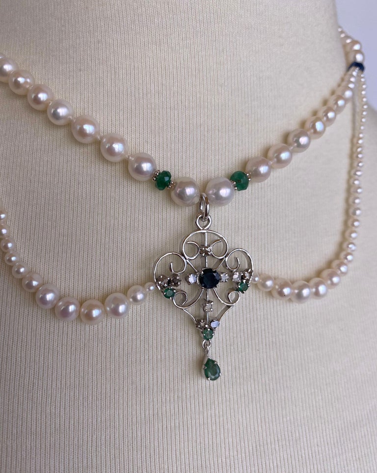 Victorian Marina J Pearl Necklace with Emerald, Sapphire & Diamonds, Vintage Centerpiece For Sale