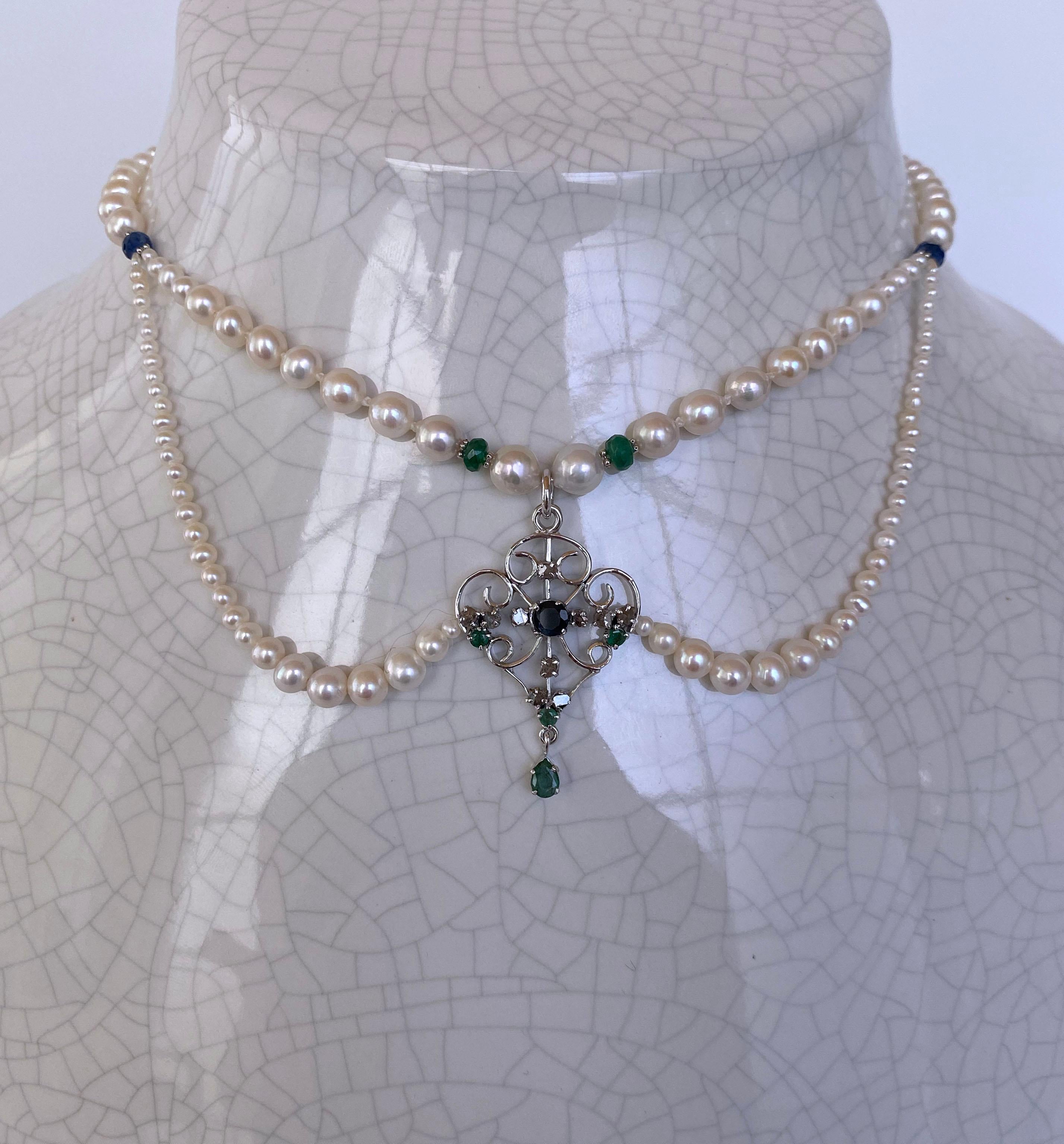 Victorian Marina J Pearl Necklace with Emerald, Sapphire & Diamonds, Vintage Centerpiece For Sale