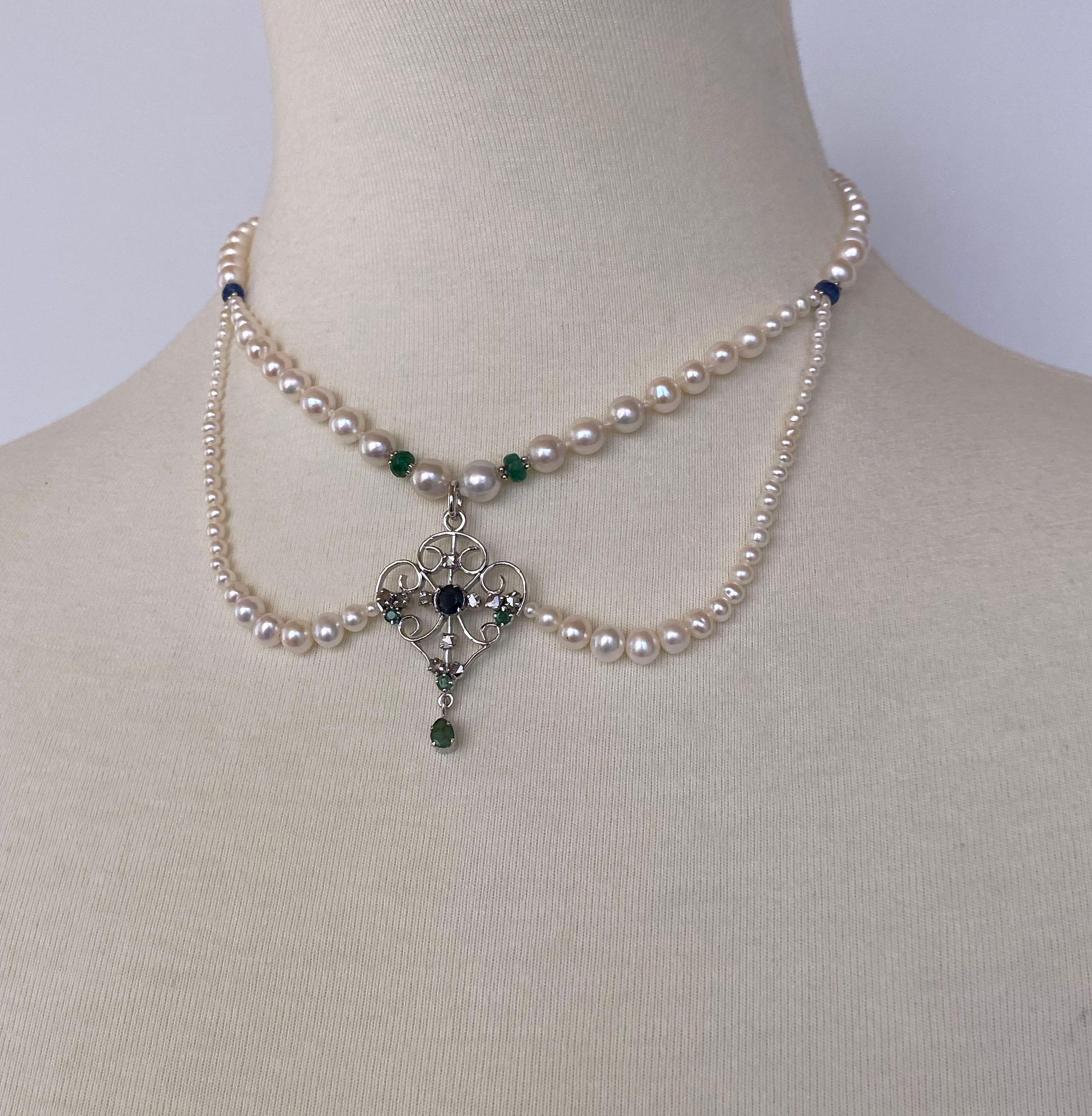 Bead Marina J Pearl Necklace with Emerald, Sapphire & Diamonds, Vintage Centerpiece For Sale