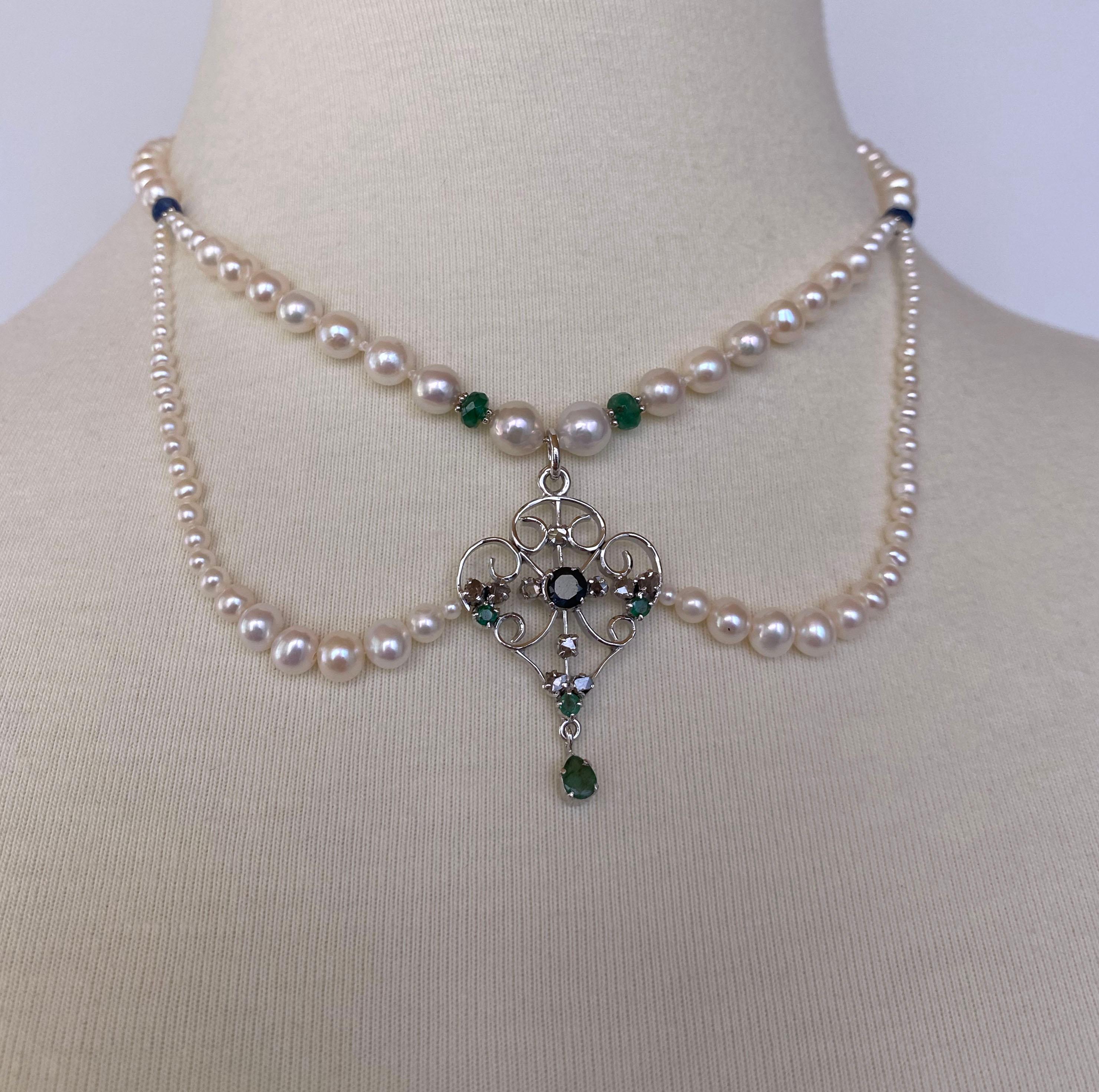 Marina J Pearl Necklace with Emerald, Sapphire & Diamonds, Vintage Centerpiece In New Condition For Sale In Los Angeles, CA