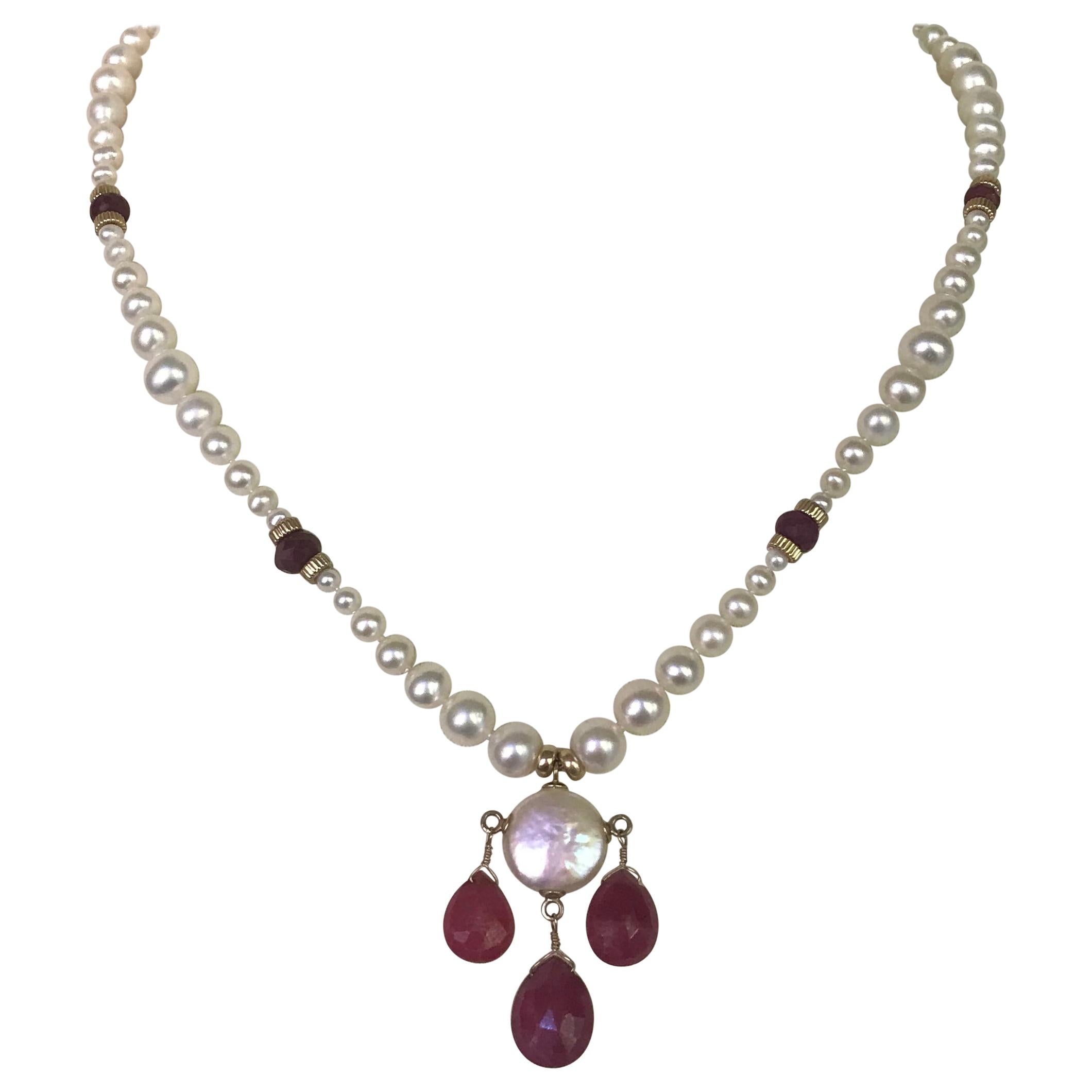 Marina J Graduated Pearl Necklace, Teardrop Rubies Beads & 14K Yellow Gold Clasp