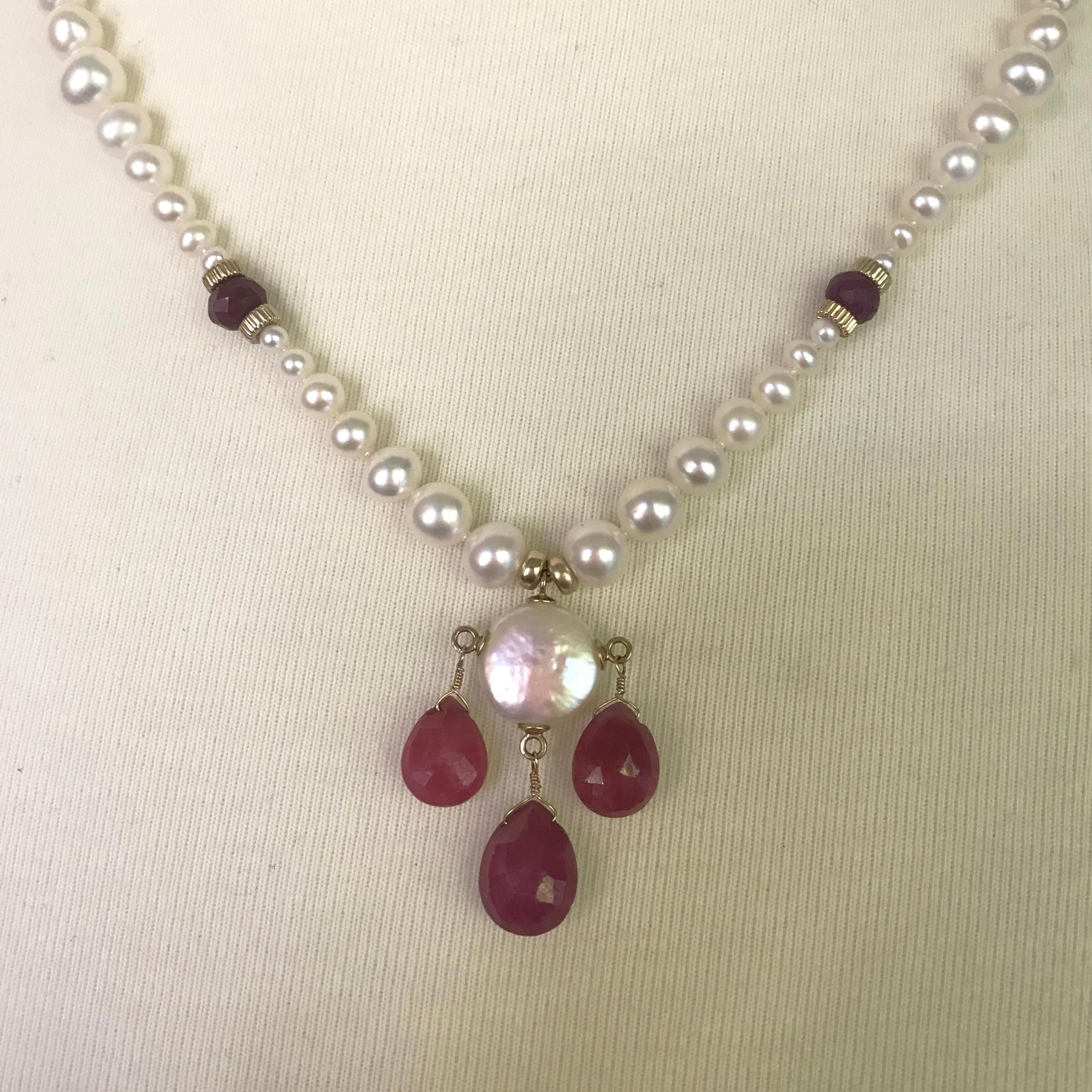 Marina J Graduated Pearl Necklace, Teardrop Rubies Beads & 14K Yellow Gold Clasp In New Condition In Los Angeles, CA