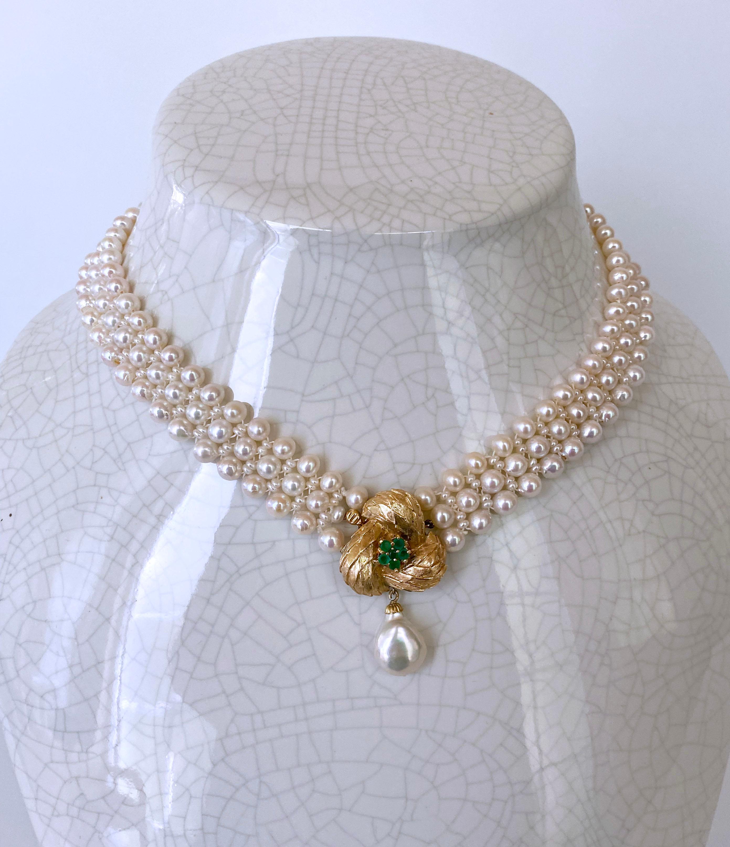 Marina J. Pearl Necklace with Vintage 14k Yellow Gold and Emerald Center-Clasp For Sale 6