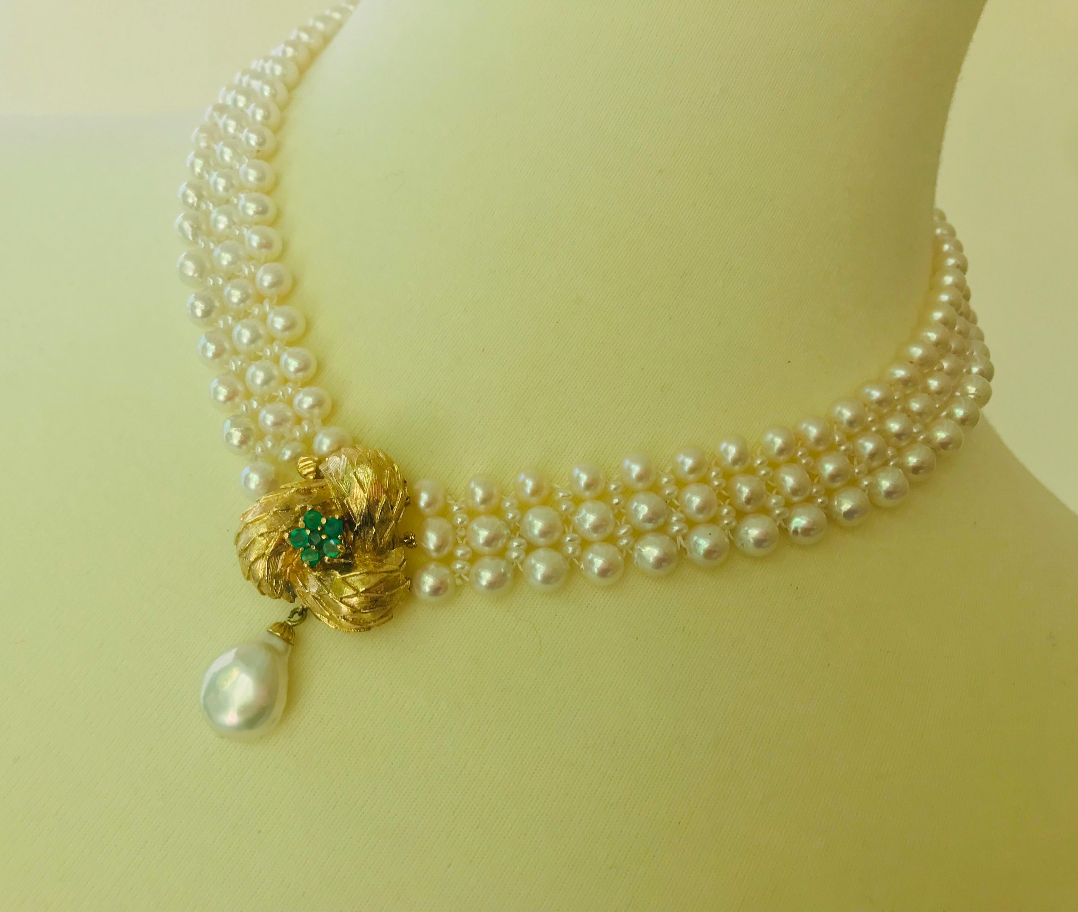 Marina J. Pearl Necklace with Vintage 14k Yellow Gold and Emerald Center-Clasp For Sale 1