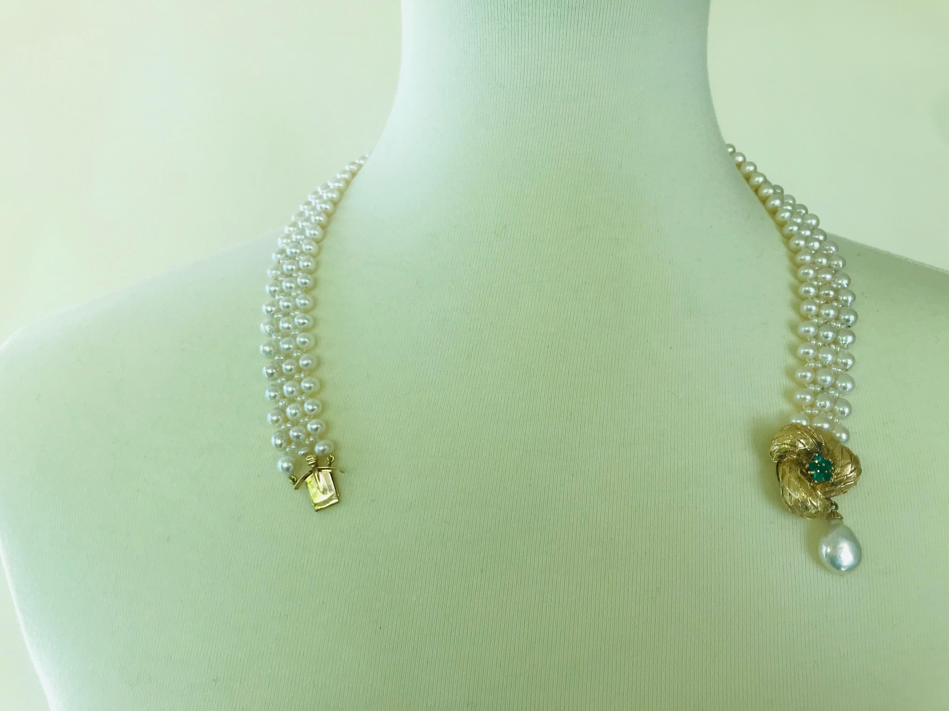 Marina J. Collier de perles avec bracelet central vintage en or jaune 14 carats et émeraudes en vente 7