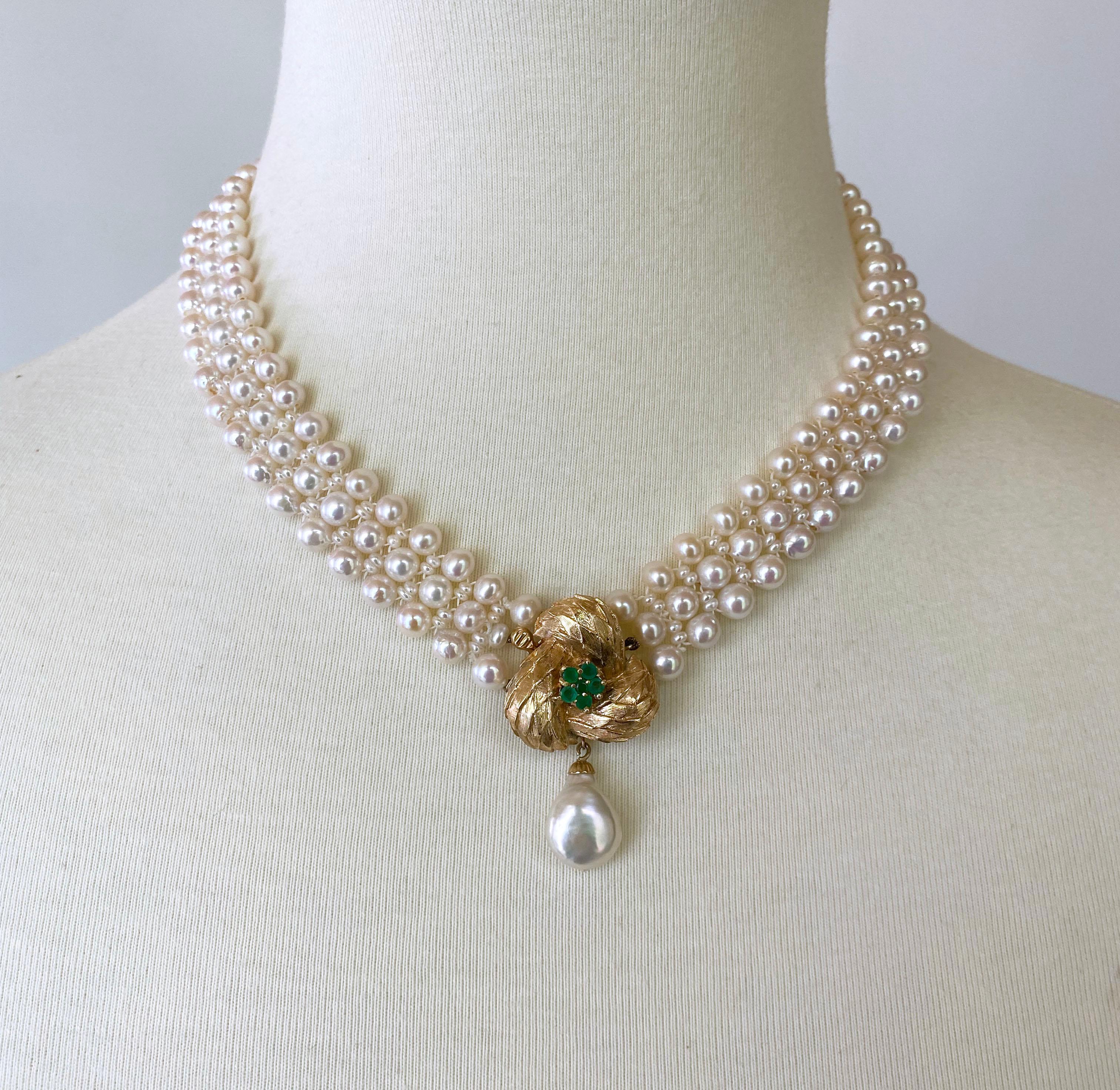 Marina J. Collier de perles avec bracelet central vintage en or jaune 14 carats et émeraudes en vente 2