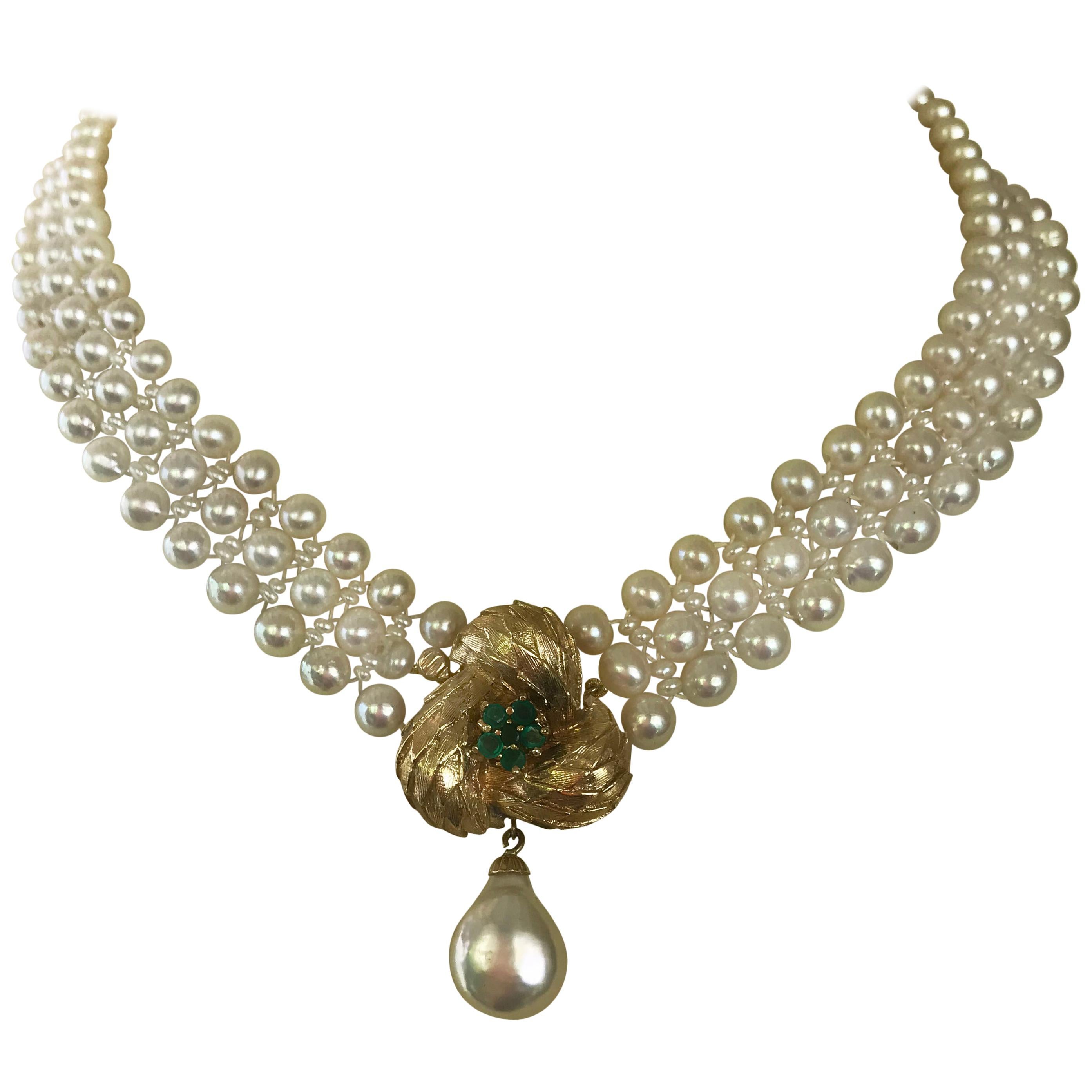 Marina J. Pearl Necklace with Vintage 14k Yellow Gold and Emerald Center-Clasp For Sale