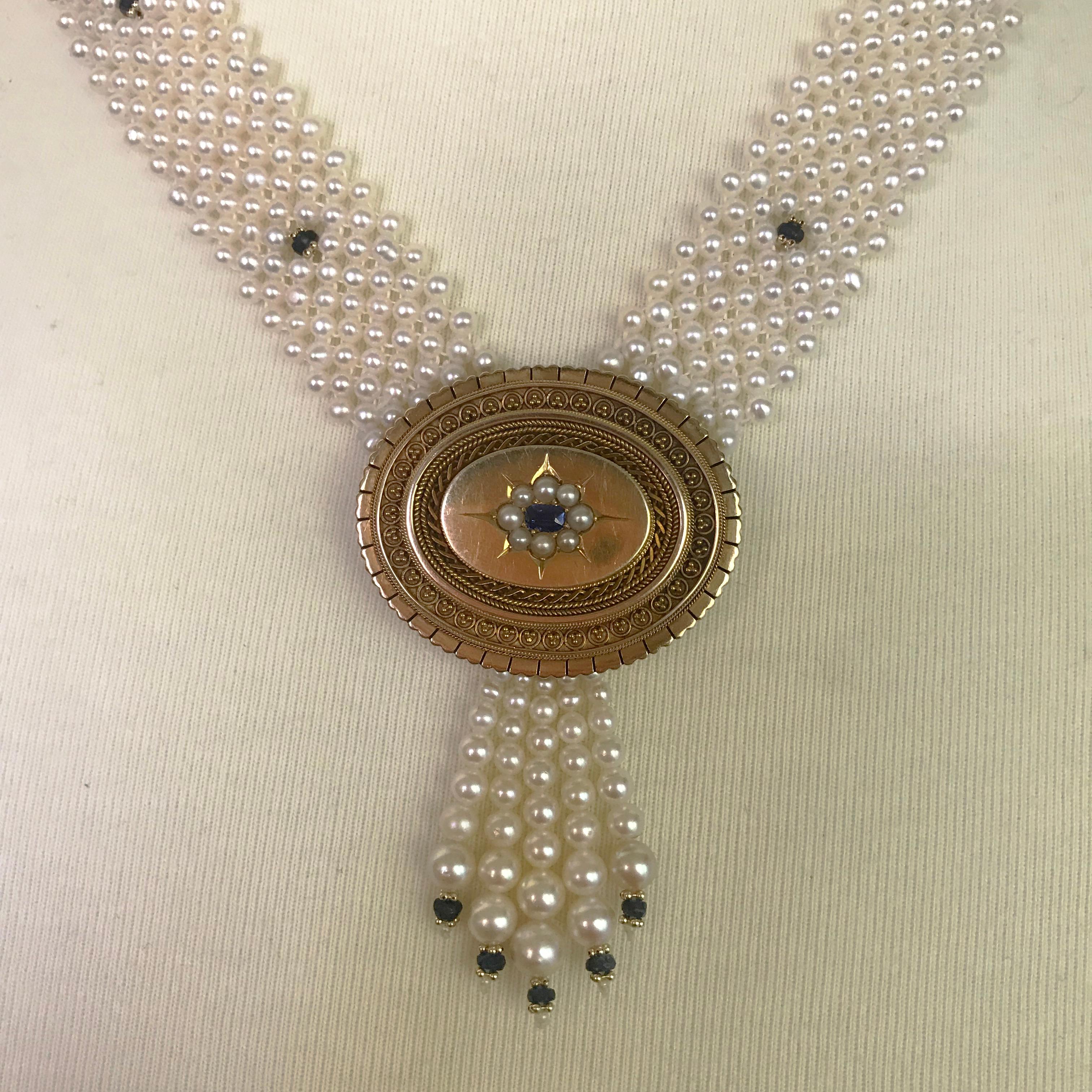 Marina J Pearl & Sapphire Necklace with Vintage English Victorian Brooch & Gold 3