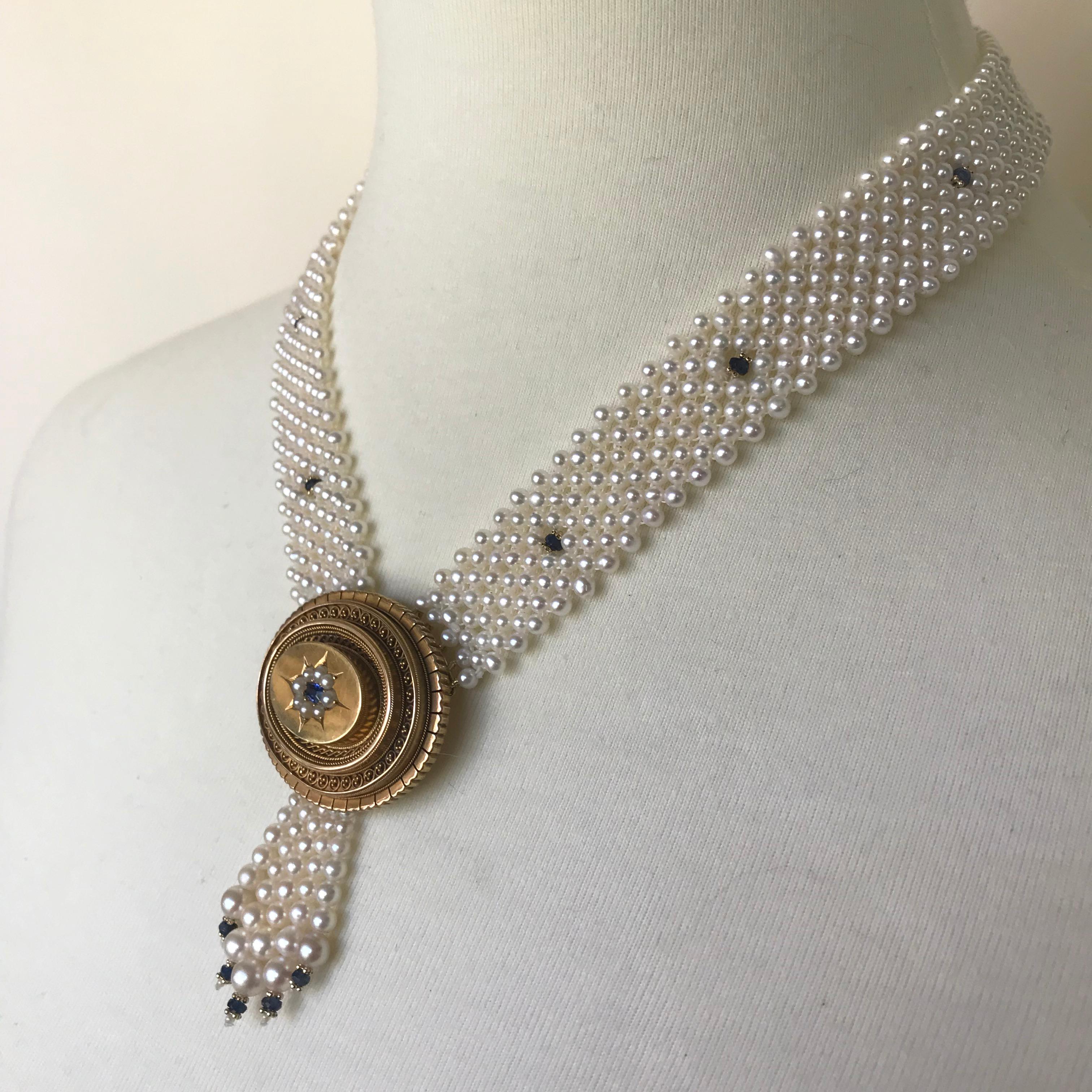 Marina J.'s inspiration for this piece was the beautiful English Victorian vintage brooch that evokes the beautiful and elegant English woman. The necklace is handwoven and the pearls were handpicked by Marina J. herself. The pearl necklace is one