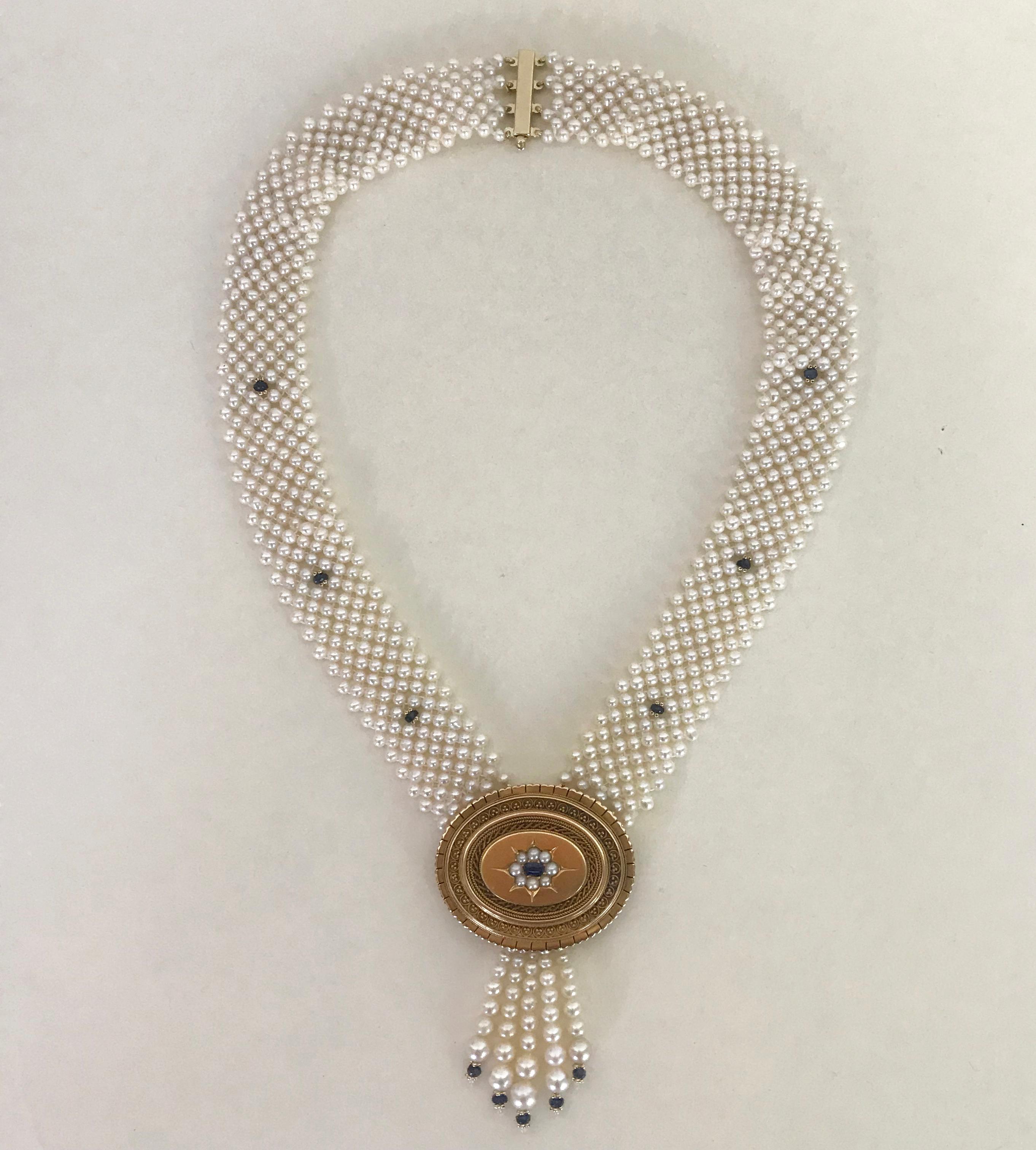 Marina J Pearl & Sapphire Necklace with Vintage English Victorian Brooch & Gold In New Condition In Los Angeles, CA
