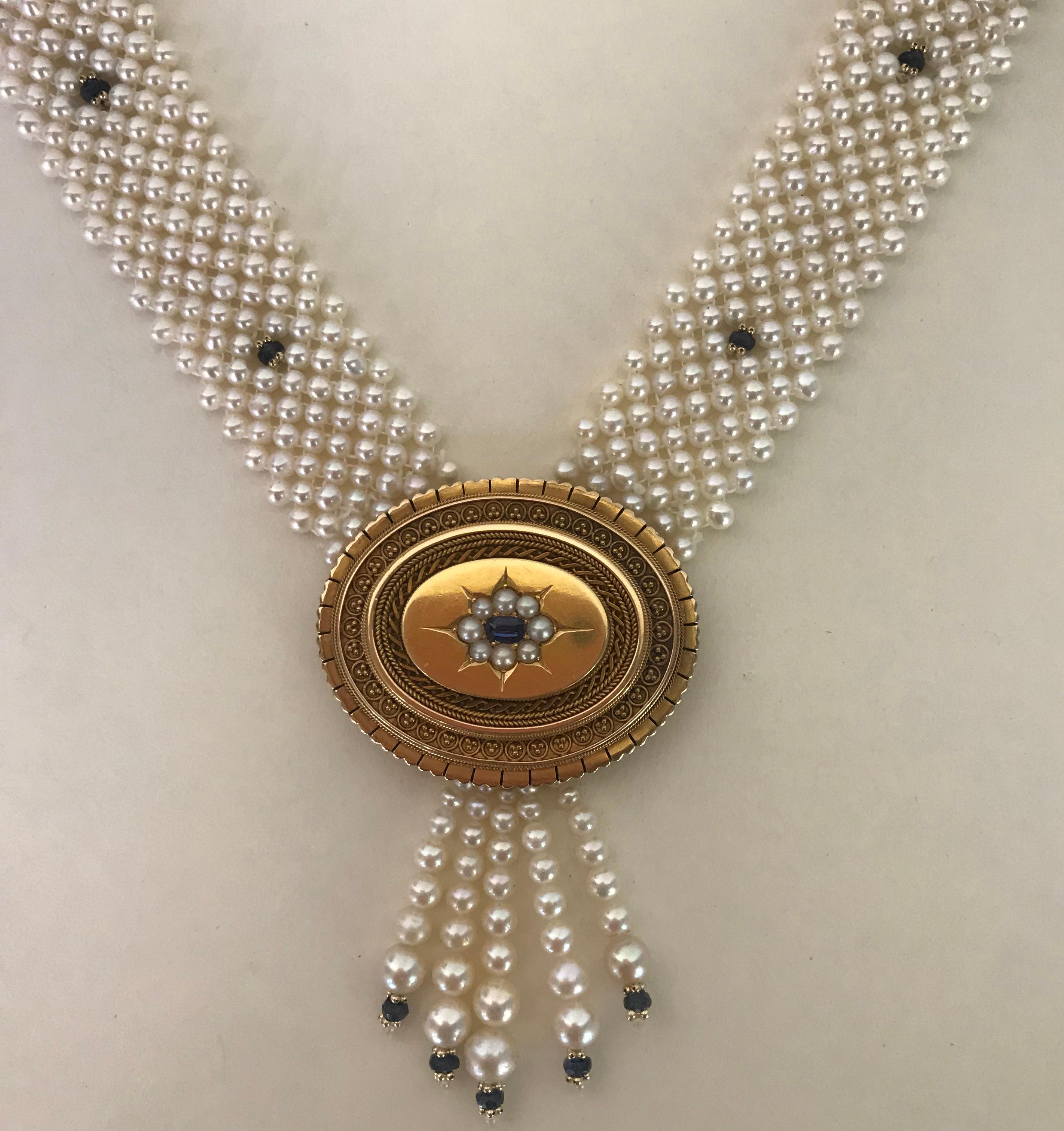 Women's Marina J Pearl & Sapphire Necklace with Vintage English Victorian Brooch & Gold