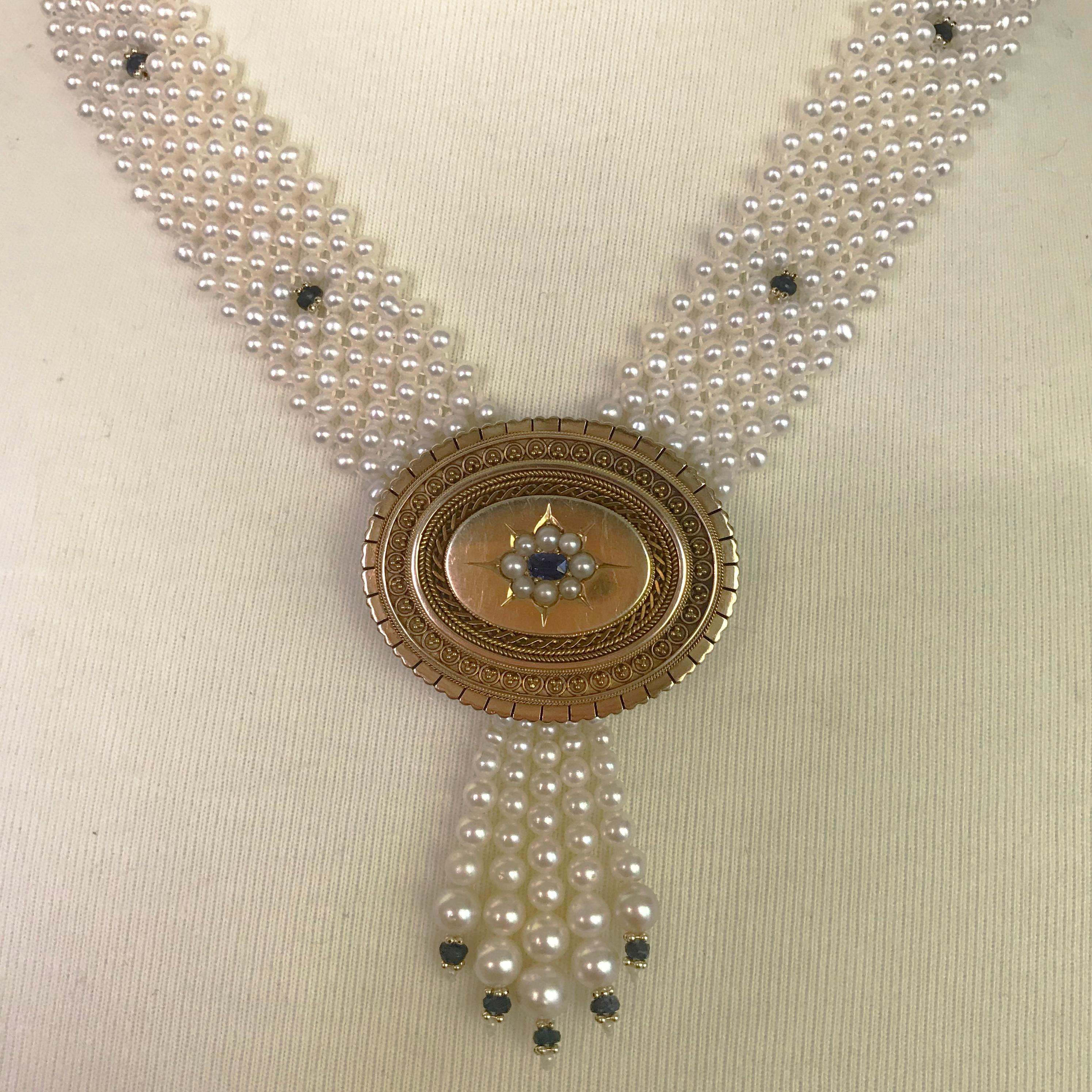 Marina J Pearl & Sapphire Necklace with Vintage English Victorian Brooch & Gold 2