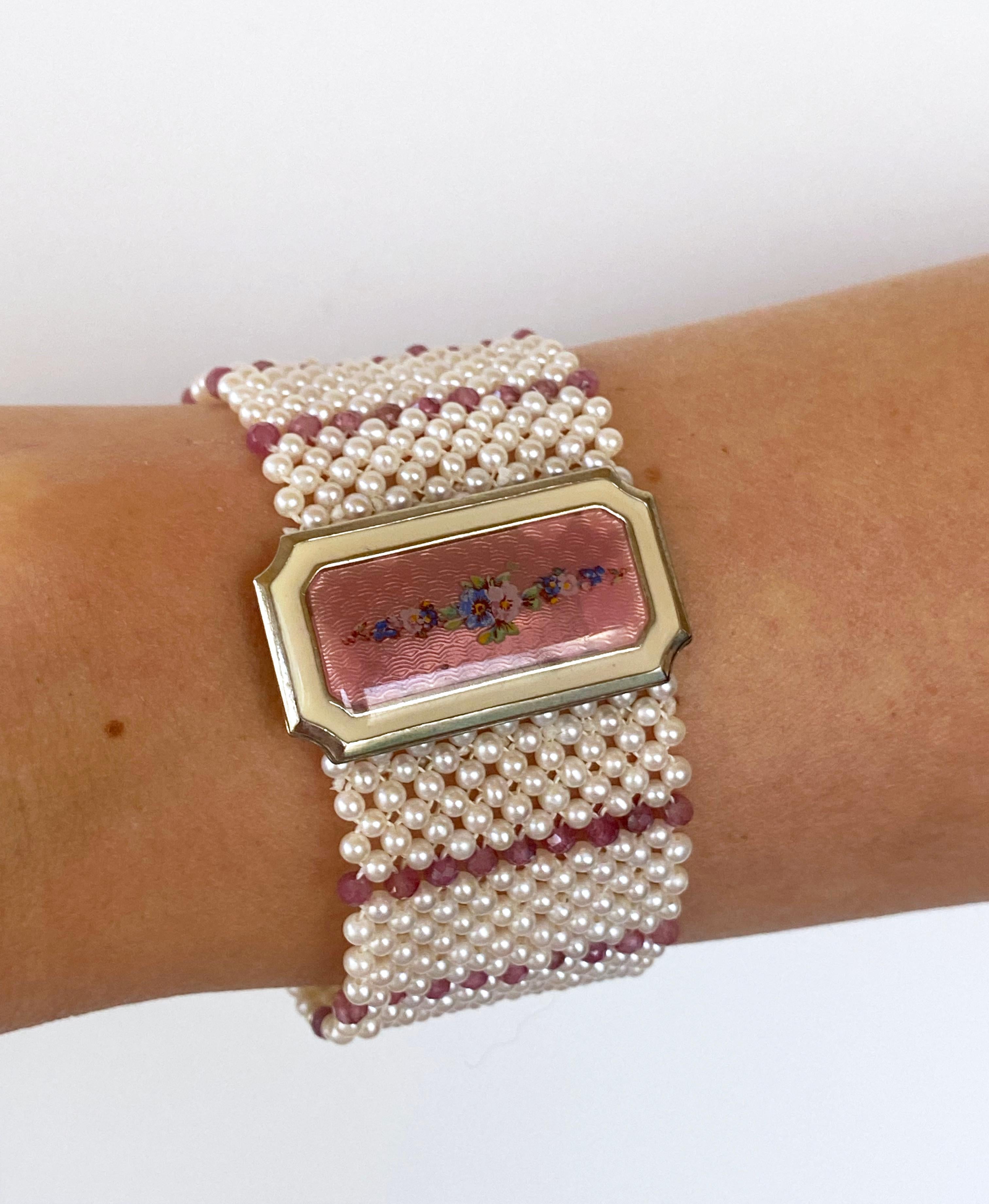 Victorian Marina J Pearl & Pink Tourmaline Bracelet with 1940 Vintage Enameled Centerpiece