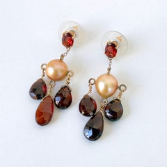 Marina J Pearl & Red Garnet Chandelier Earrings with 14K Yellow Gold