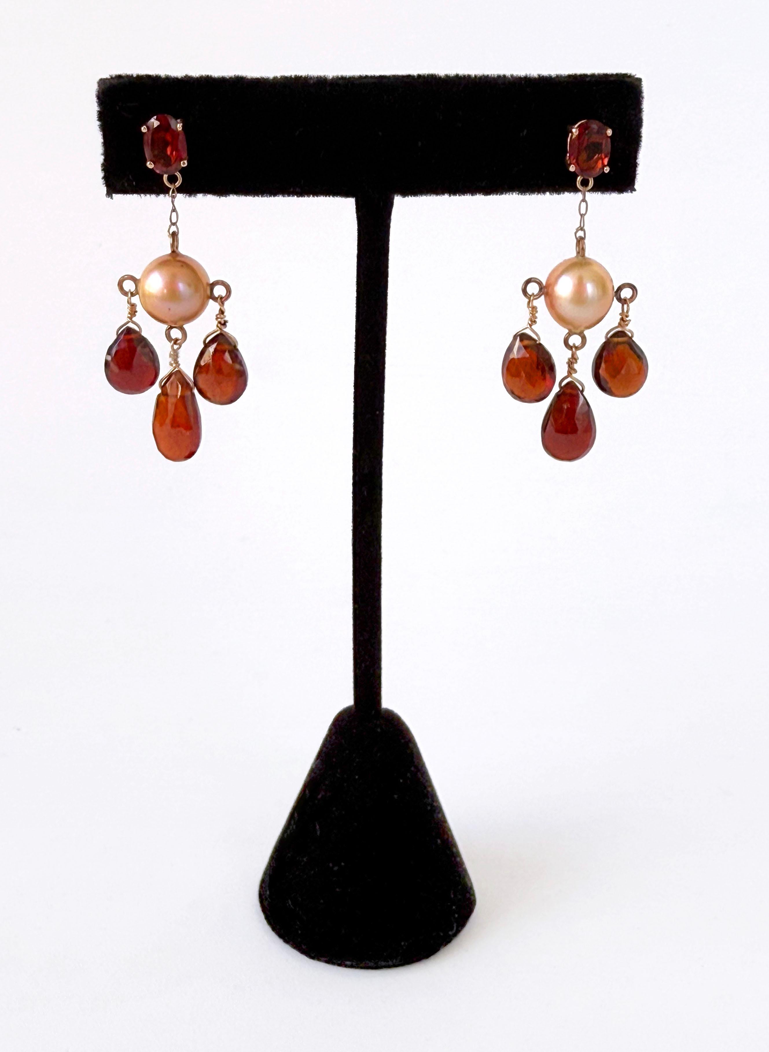Artisan Marina J Pearl & Red Garnet Chandelier Earrings with 14K Yellow Gold For Sale