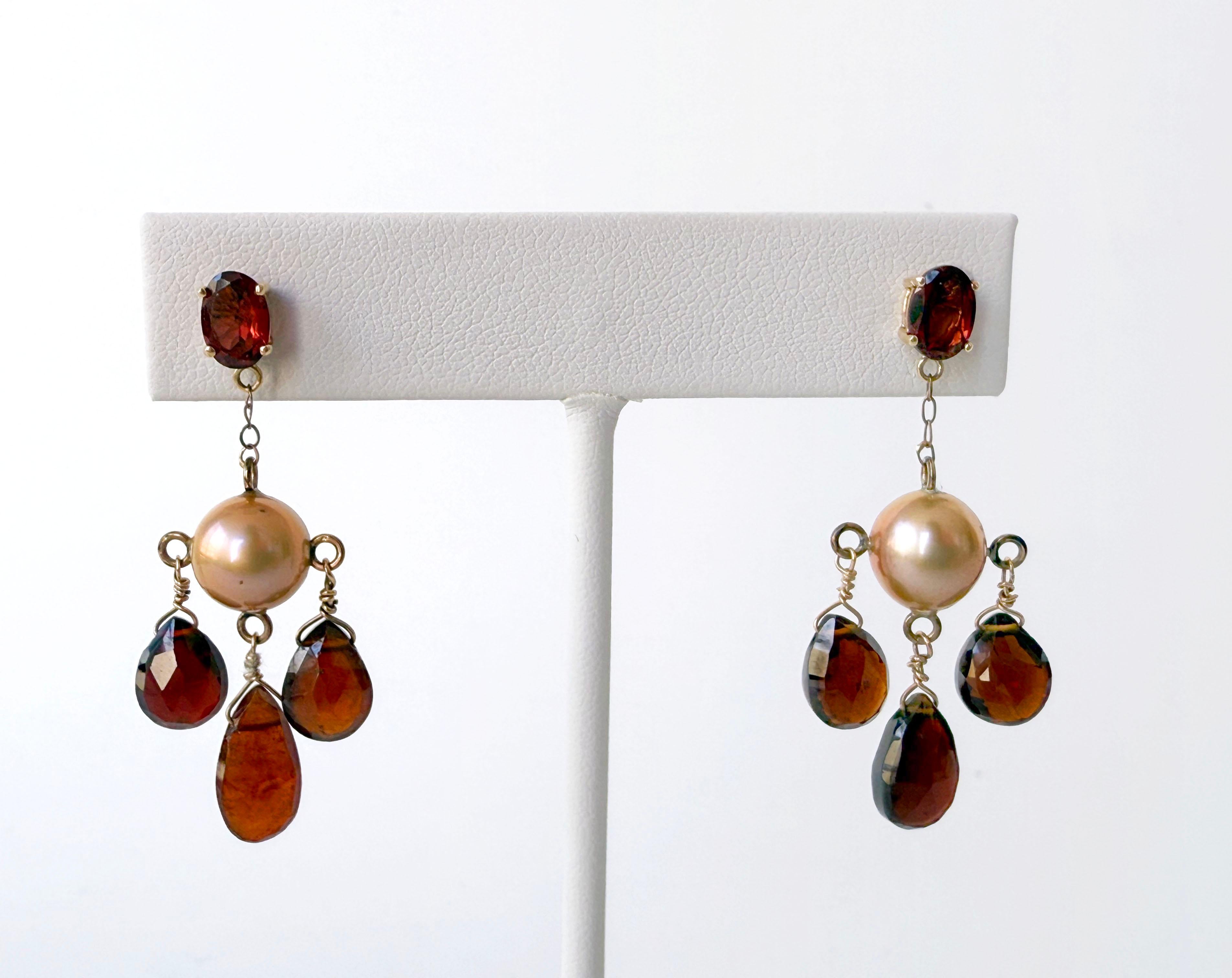 Bead Marina J Pearl & Red Garnet Chandelier Earrings with 14K Yellow Gold For Sale
