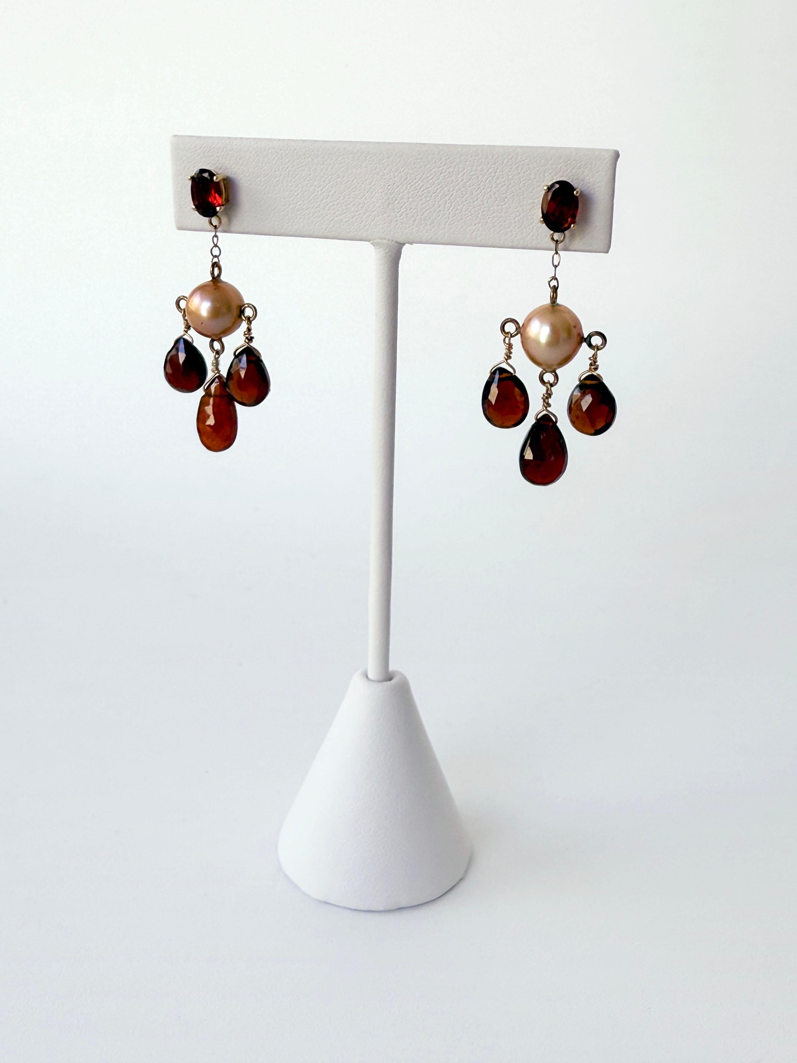 Marina J Pearl & Red Garnet Chandelier Earrings with 14K Yellow Gold In New Condition For Sale In Los Angeles, CA