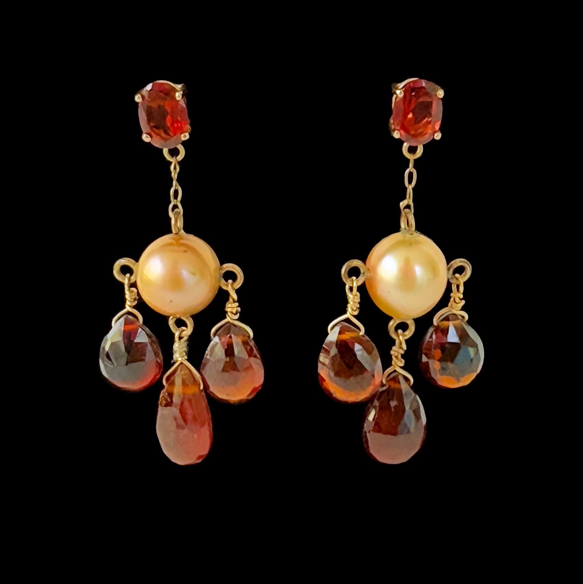 Women's Marina J Pearl & Red Garnet Chandelier Earrings with 14K Yellow Gold For Sale