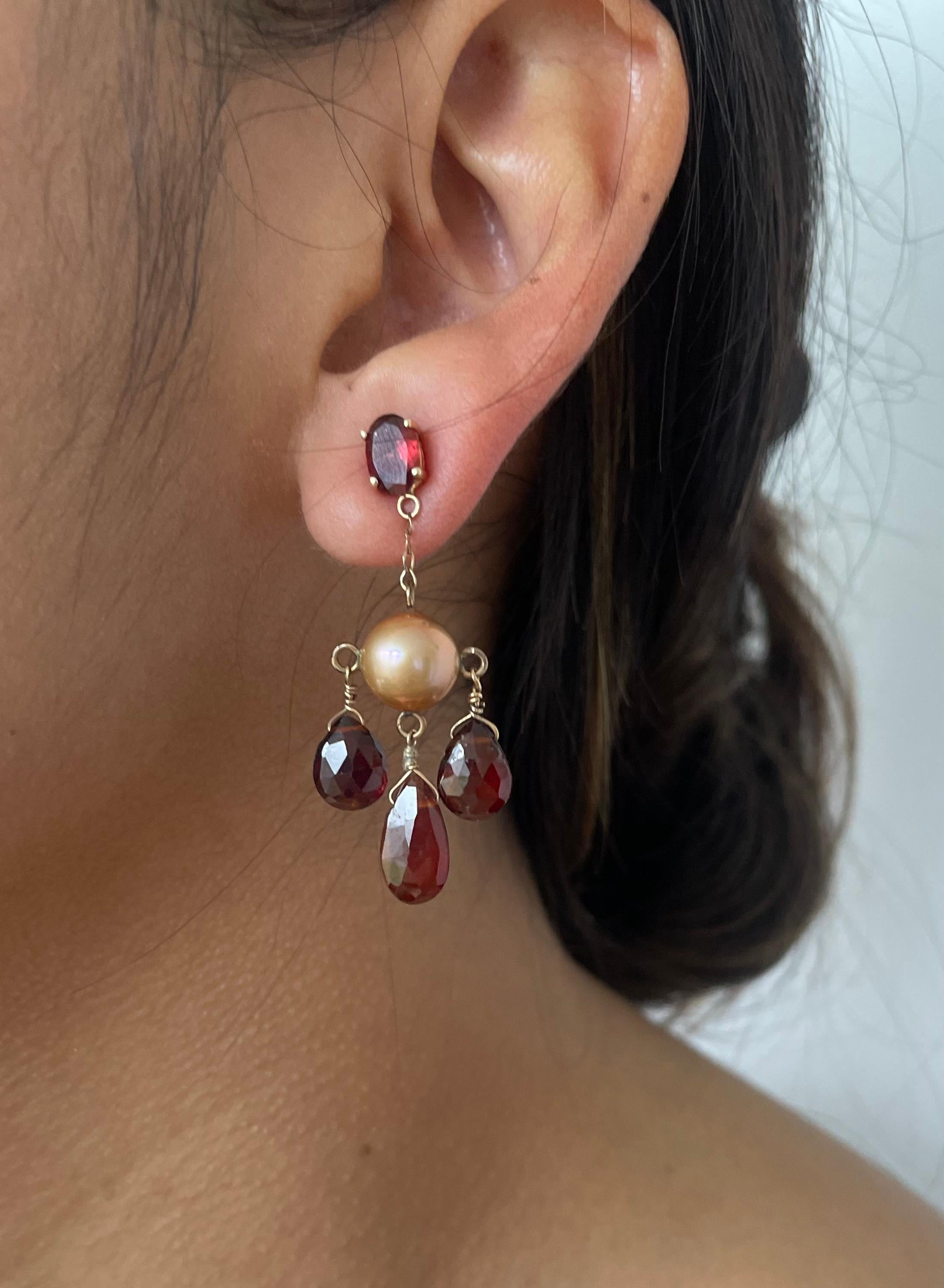 Marina J Pearl & Red Garnet Chandelier Earrings with 14K Yellow Gold For Sale 1