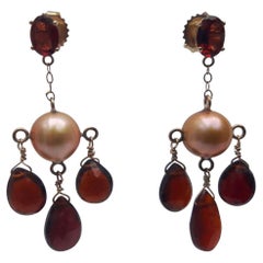 Marina J Pearl & Red Garnet Chandelier Earrings with 14K Yellow Gold