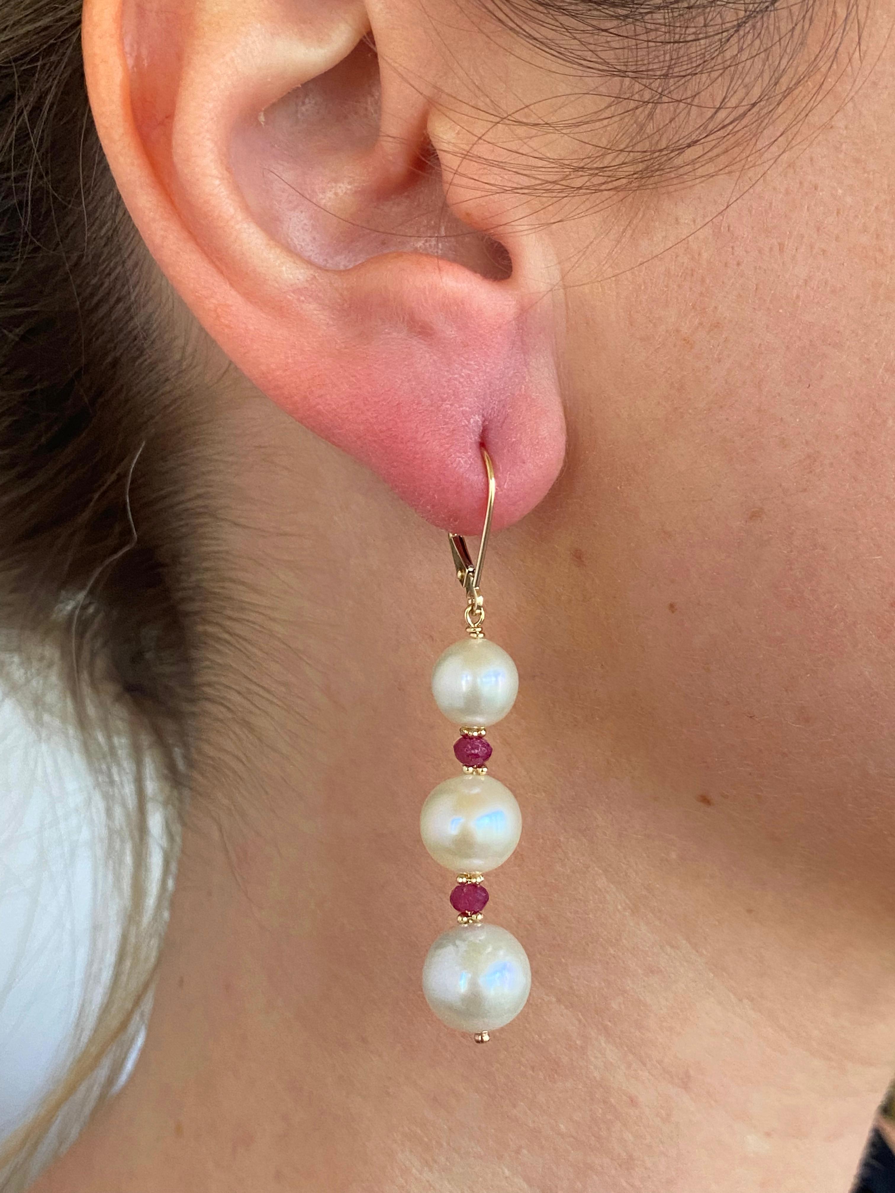 Artisan Marina J. Pearl, Ruby & 14k Yellow Gold Lever Back Earrings For Sale
