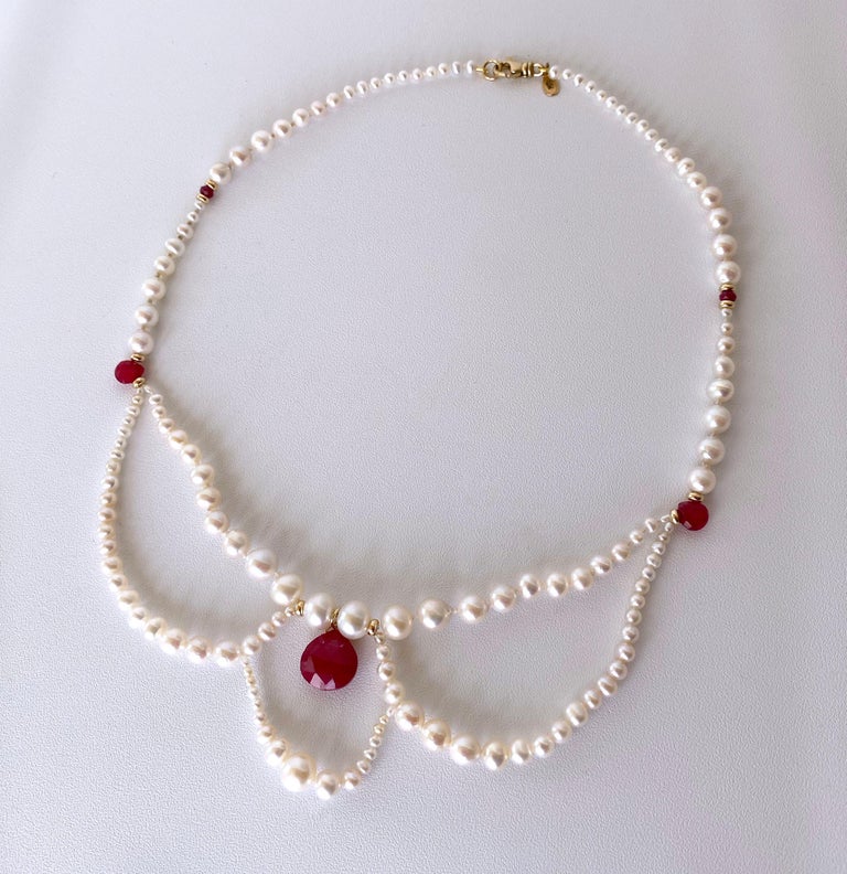Artisan Marina J. Pearl, Ruby and 14k Yellow Gold Victorian Inspired Necklace For Sale
