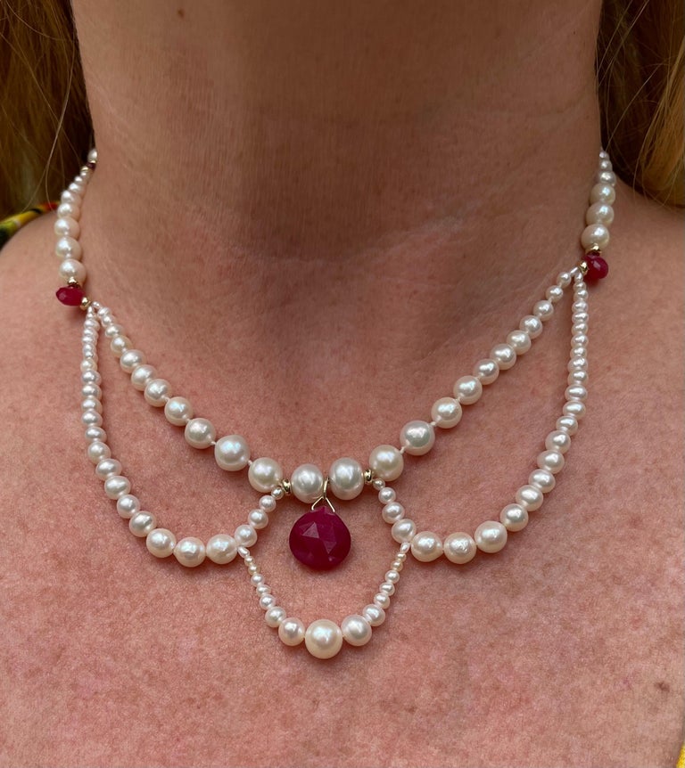 Marina J. Pearl, Ruby and 14k Yellow Gold Victorian Inspired Necklace For Sale 1