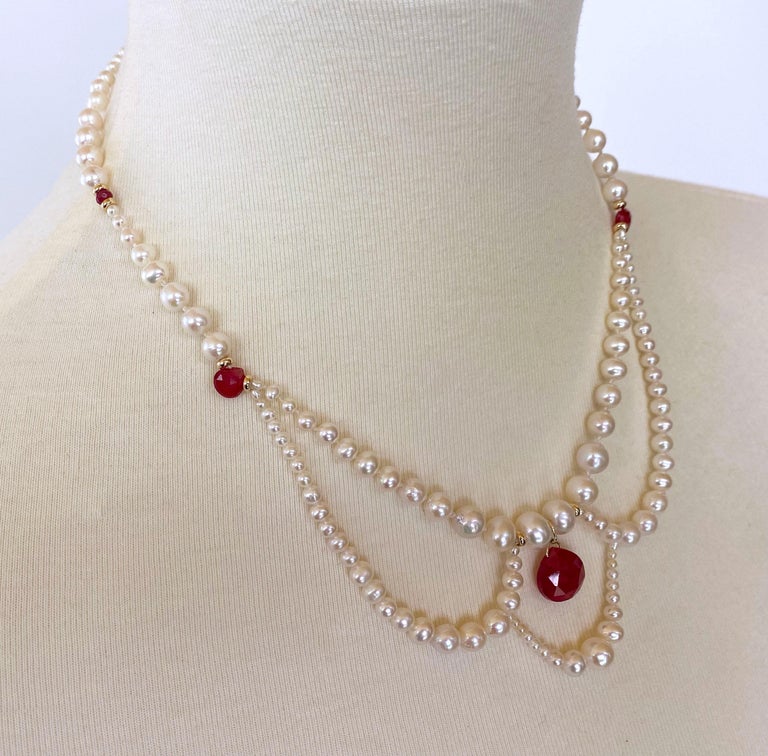 Bead Marina J. Pearl, Ruby and 14k Yellow Gold Victorian Inspired Necklace For Sale