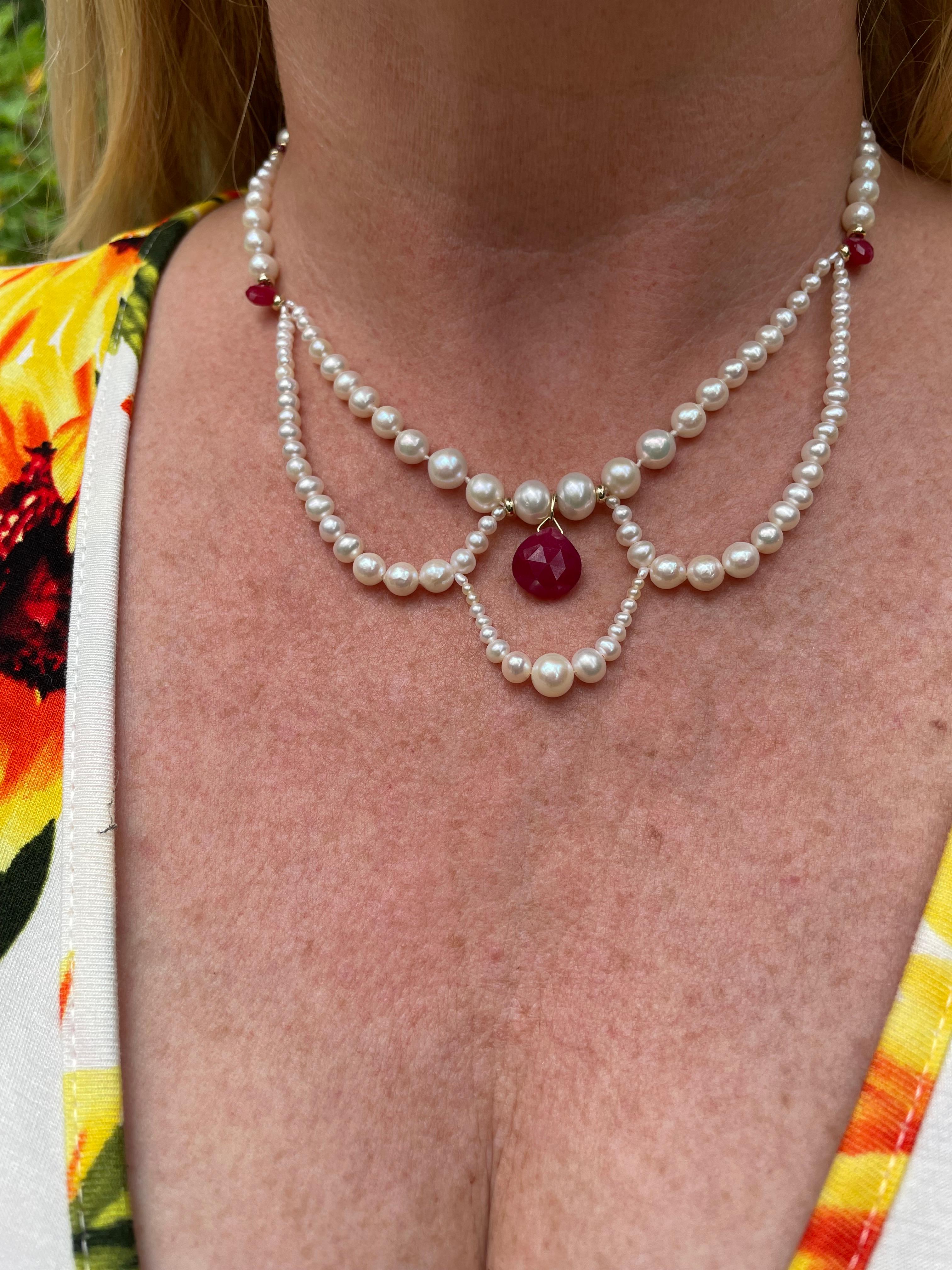 Artisan Marina J. Pearl, Ruby and 14k Yellow Gold Victorian Inspired Necklace