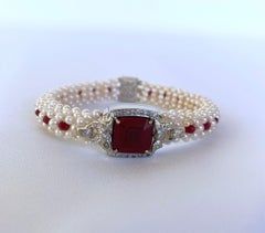 Marina J Woven Pearl, Ruby & Diamond Encrusted Bracelet with 14k White Gold