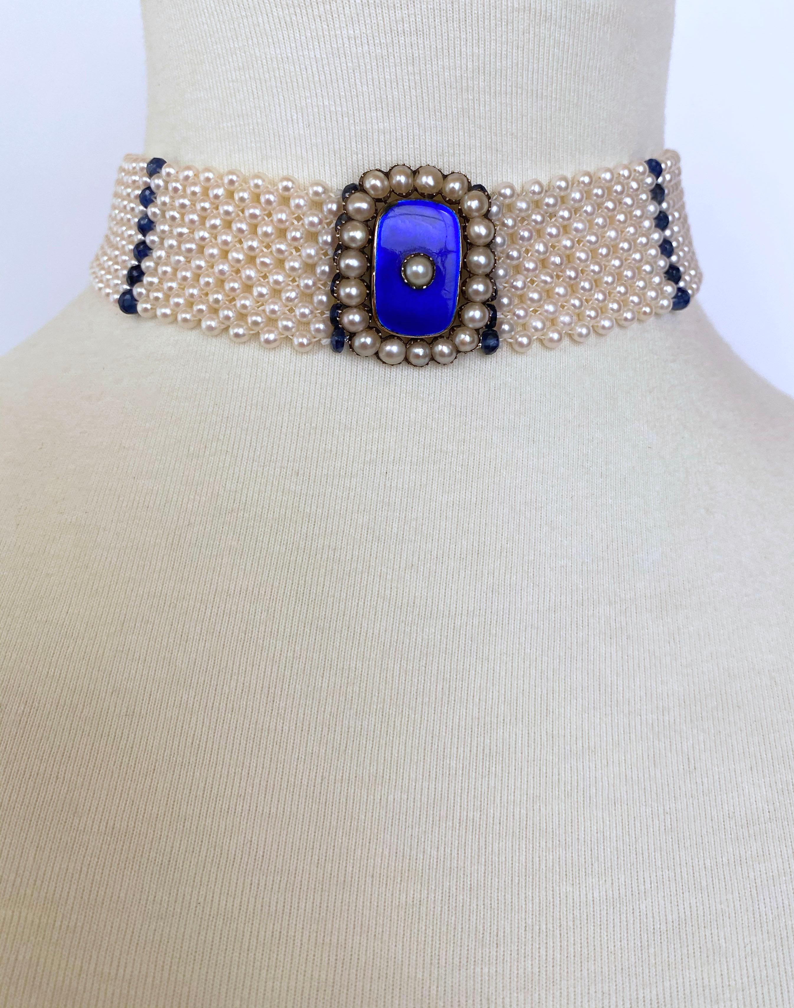 Bead Marina J. Pearl & Sapphire Choker with Vintage Centerpiece and 14K White Gold For Sale