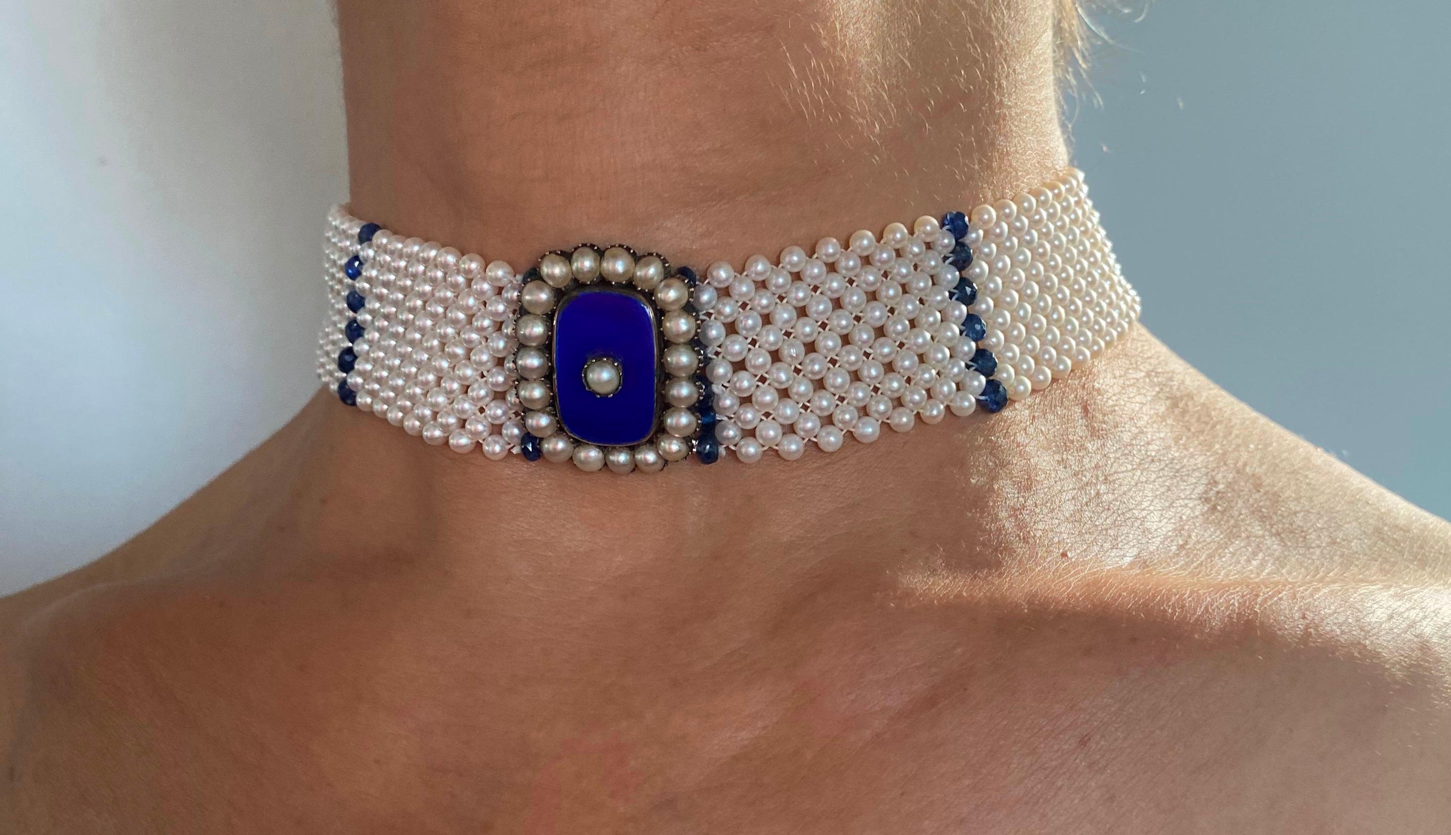 Marina J. Pearl & Sapphire Choker with Vintage Centerpiece and 14K White Gold In New Condition For Sale In Los Angeles, CA