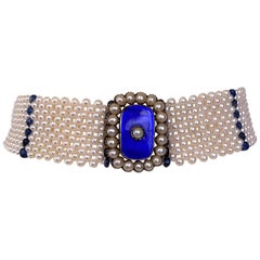Marina J. Gargantilla de perlas y zafiros con centro vintage y oro blanco de 14 quilates