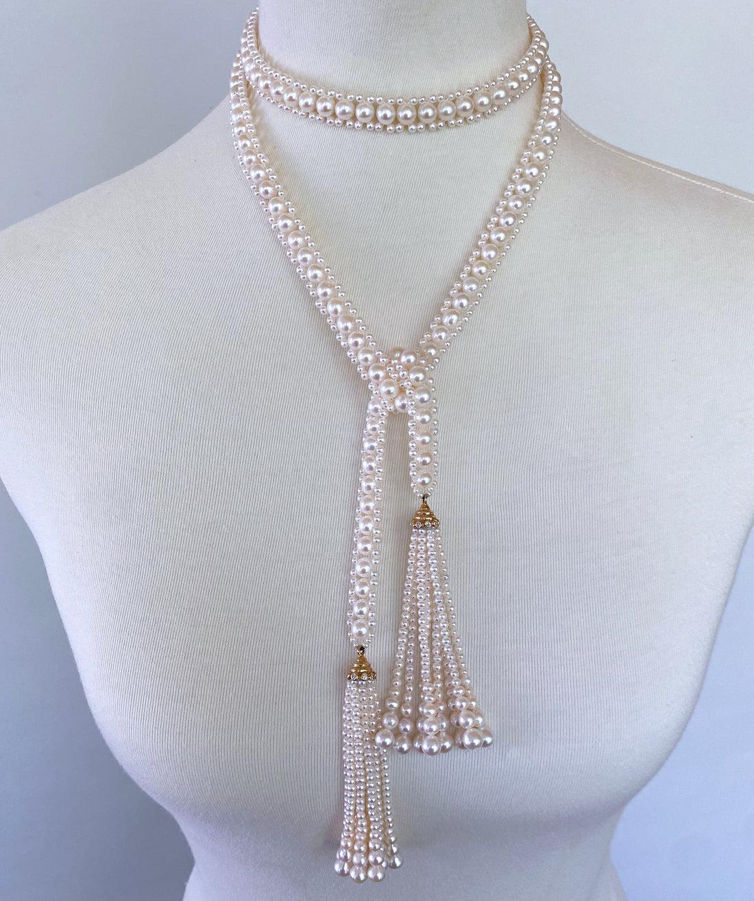 Marina J. Pearl Satuoir with 14k Yellow Gold & Diamond Cup Tassels For Sale 5