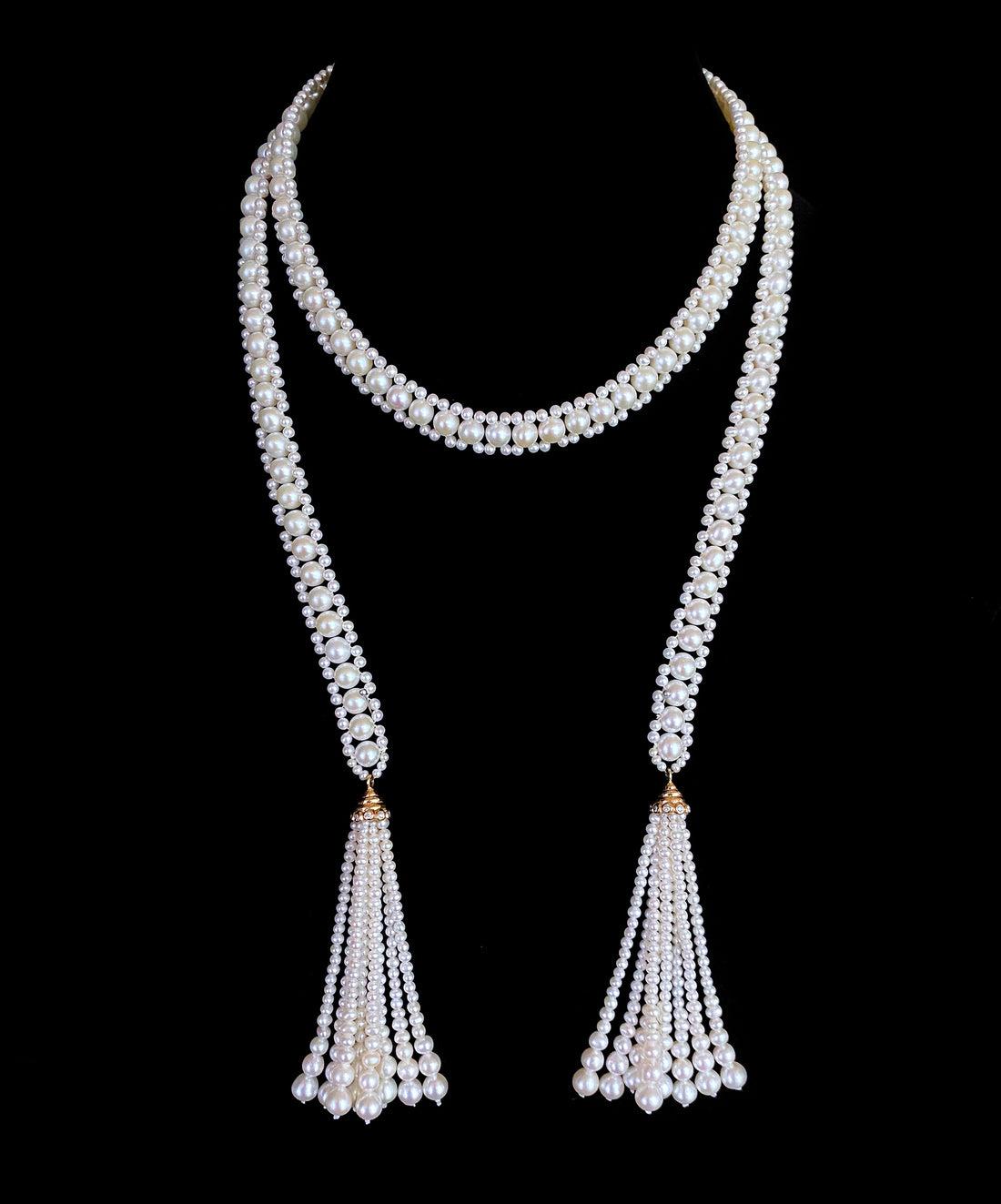 Marina J. Pearl Satuoir with 14k Yellow Gold & Diamond Cup Tassels For Sale 2