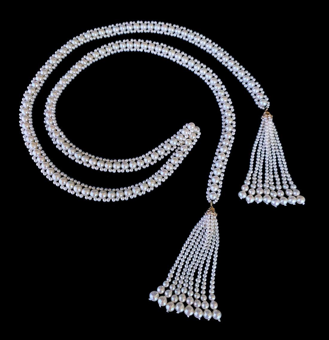 Marina J. Pearl Satuoir with 14k Yellow Gold & Diamond Cup Tassels For Sale 3
