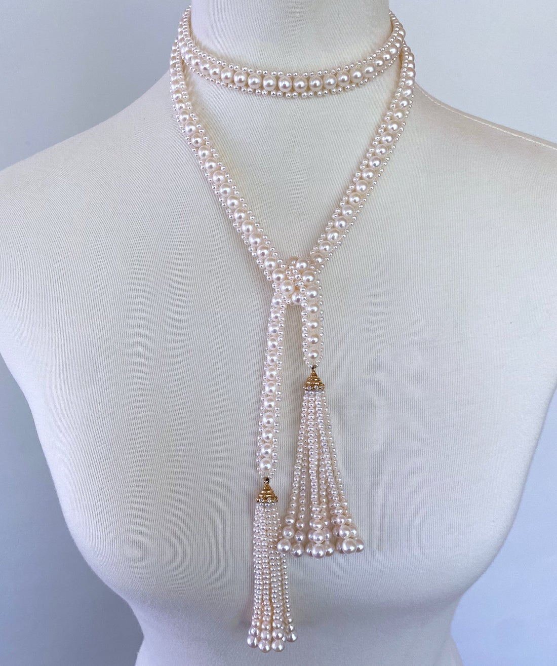 Marina J. Pearl Satuoir with 14k Yellow Gold & Diamond Cup Tassels For Sale