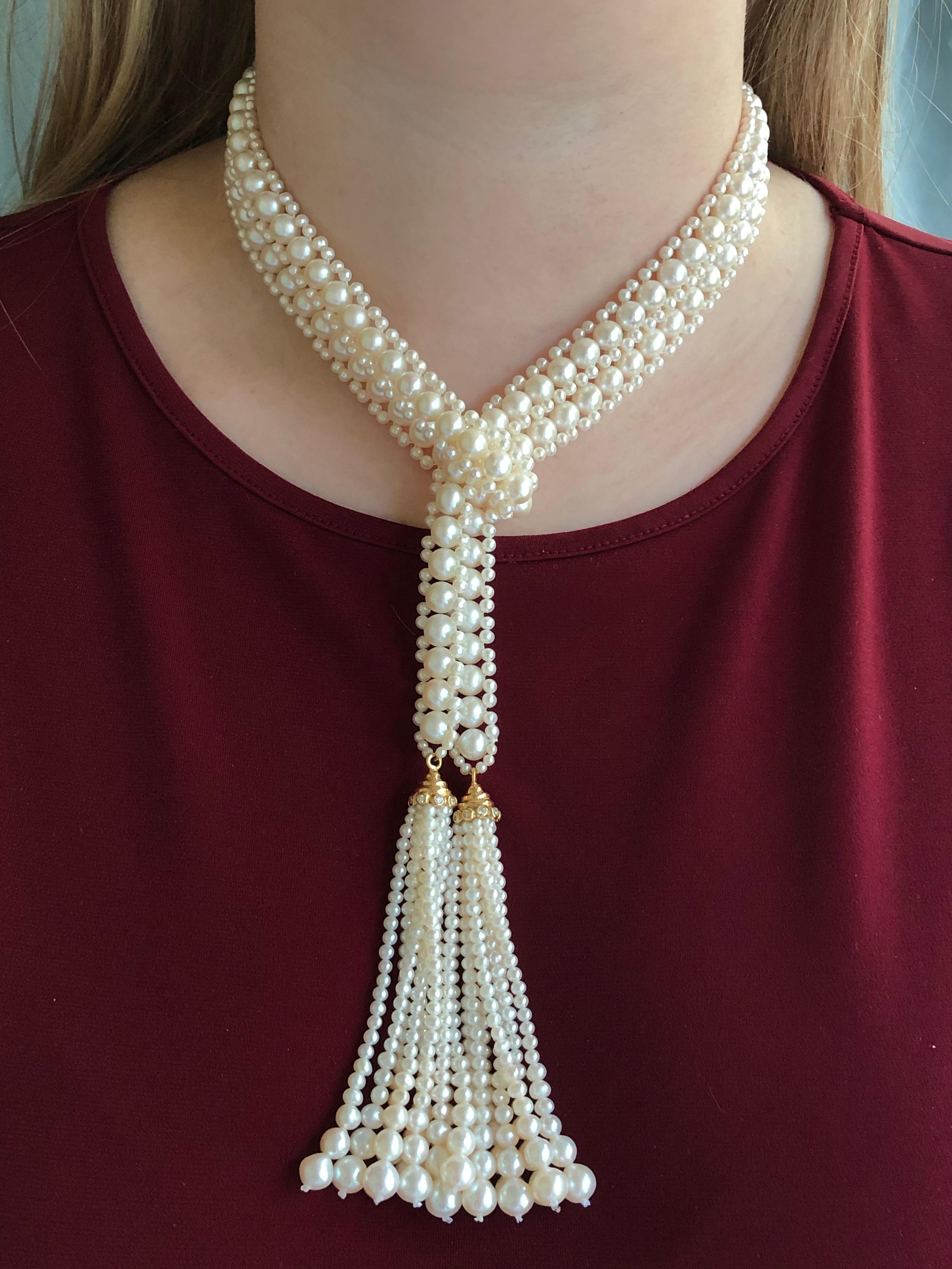 Marina J Woven Pearl Sautoir with 14K Yellow Gold, Diamond Cup & Pearl Tassels  For Sale 5