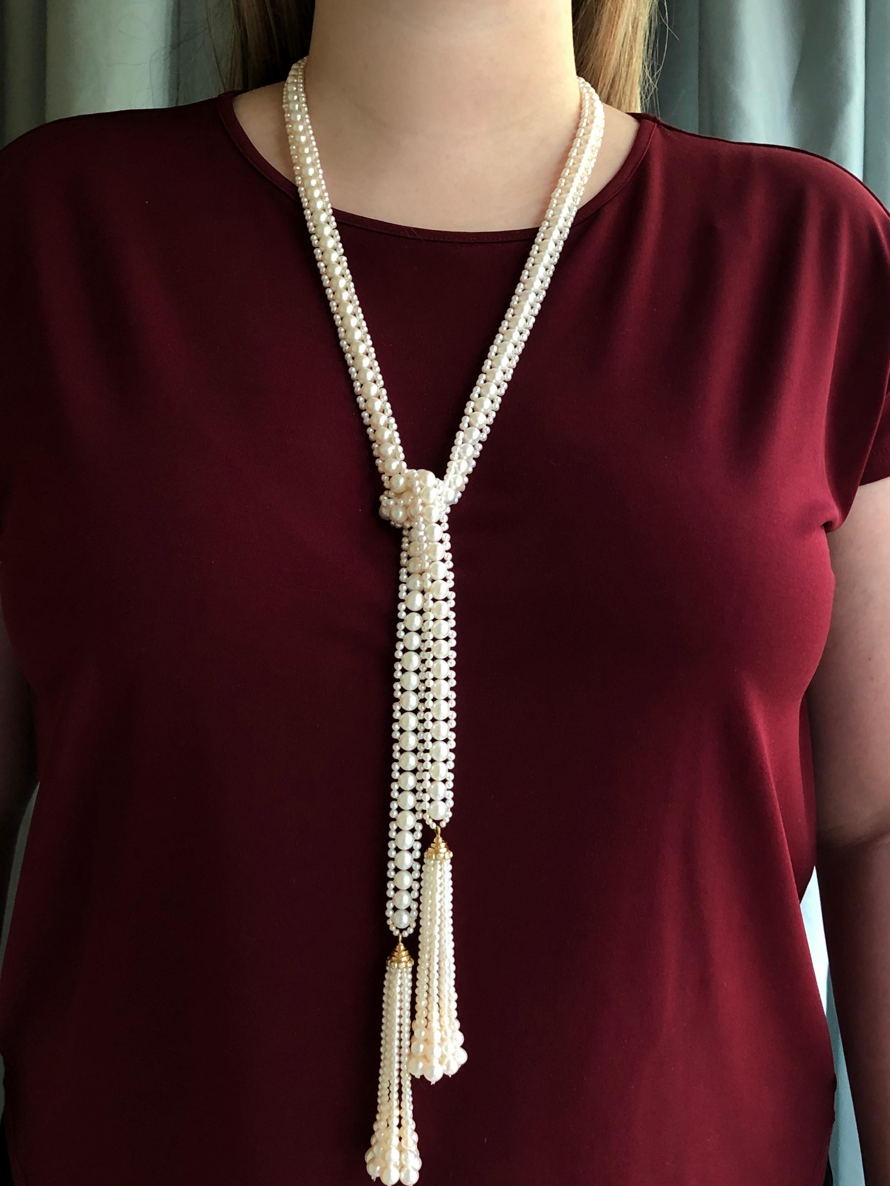 Marina J Woven Pearl Sautoir with 14K Yellow Gold, Diamond Cup & Pearl Tassels  For Sale 6